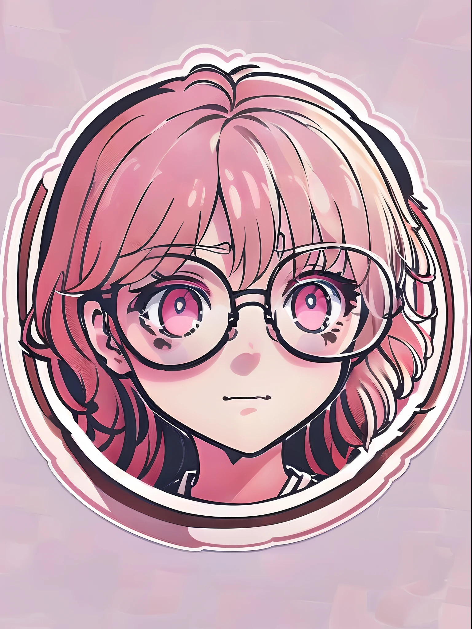 sticker, cute anime girl head, longhair style, wearing glasses, in circle, white Background, Bright pink, Simple, Ultra Detailed, Detailed Drawing, Vectorization, Silhouette, 8k, professional sticker design, flat design, vector lines, sticker, drawing, Drawing, Full HD