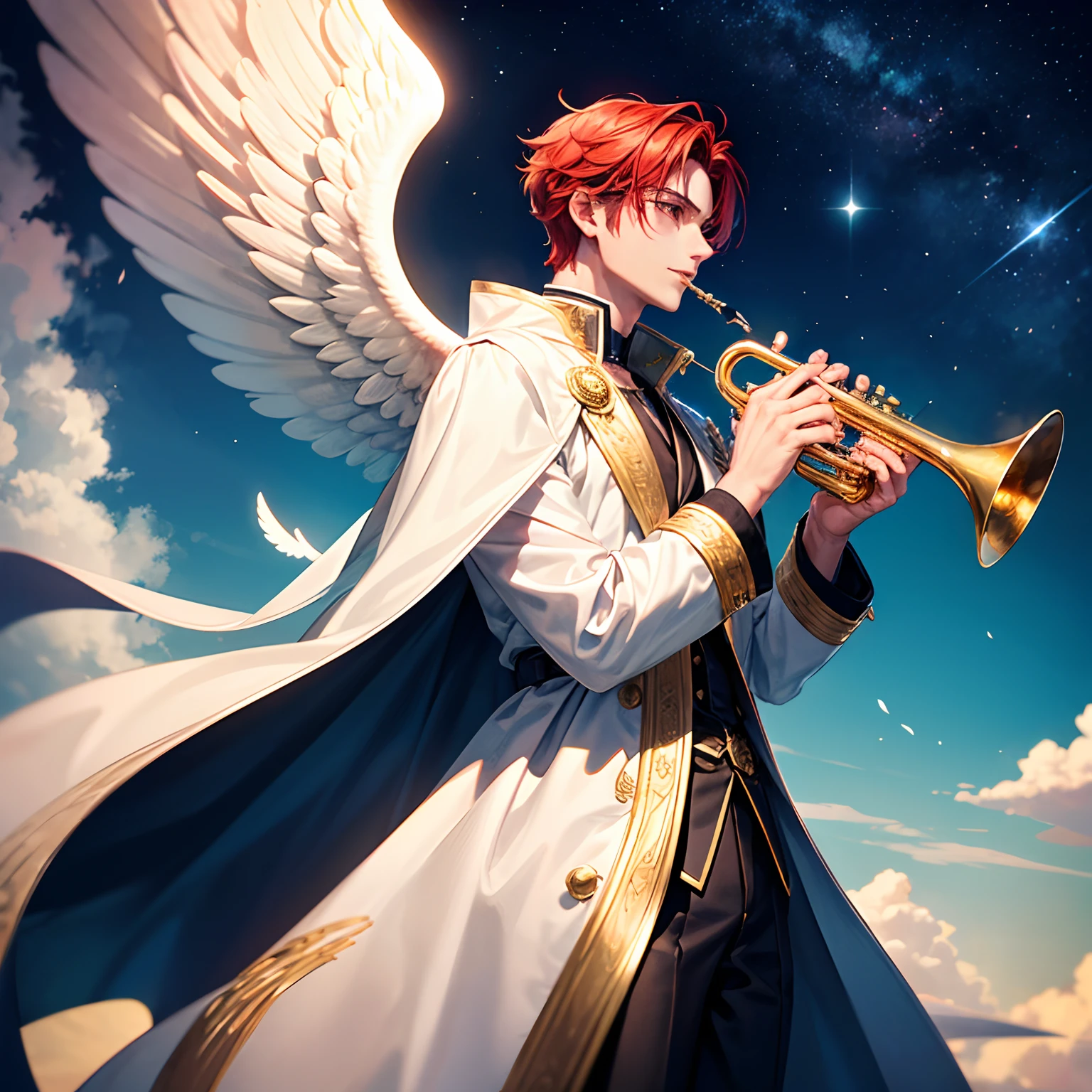 Male,man,in his 20s,handsome,short hair,red hair,light eyes,angel wings,sky,wearing white and black,holding a trumpet,blowing a trumpet,wearing a coat,royal clothes,divine,majestic,light radiating, gold and silver,in the sky, four wings, angelic clothes