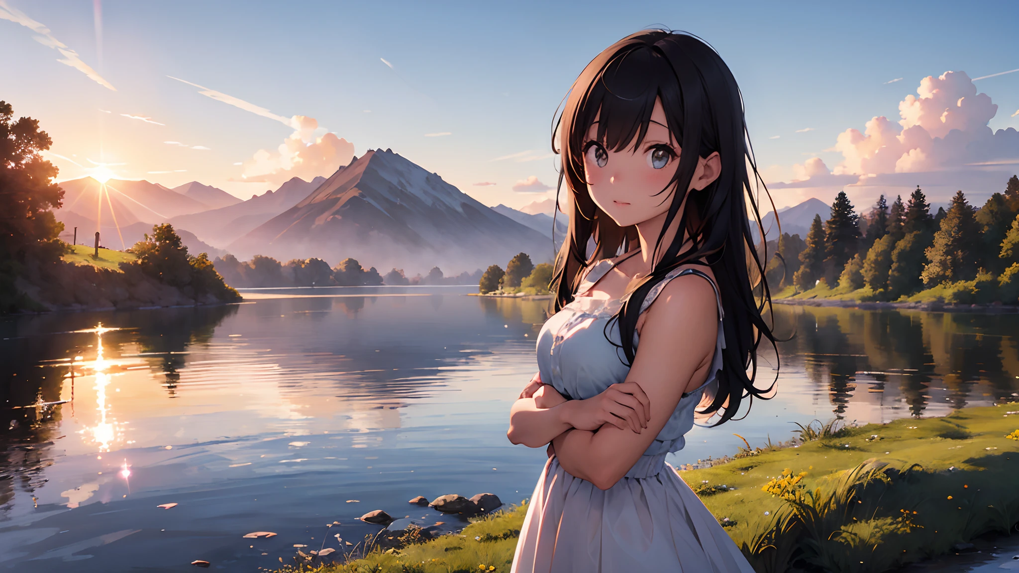 1 girl, serene expression, mesmerizing eyes, straight long hair, flowing dress, poised posture, porcelain skin, subtle blush, crystal pendant
BREAK
golden hour, (rim lighting):1.2, warm tones, sun flare, soft shadows, vibrant colors, painterly effect, dreamy atmosphere
BREAK
scenic lake, distant mountains, willow tree, calm water, reflection, sunlit clouds, peaceful ambiance, idyllic sunset, ultra detailed, official art, unity 8k wallpaper
, zentangle, mandala