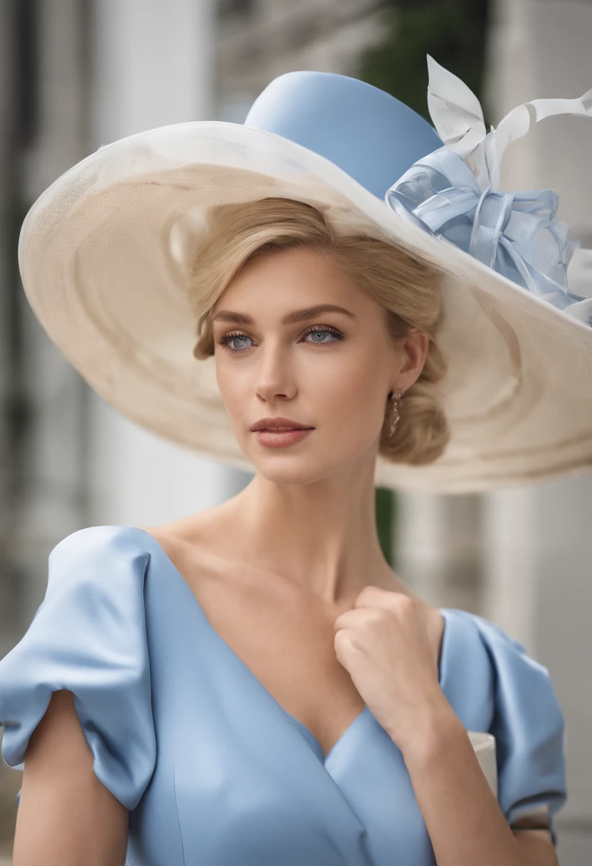21st-century style, stunningly beautiful blonde Englishwoman dressed for Royal Ascot in a conservative blue day dress with short puffed sleeves