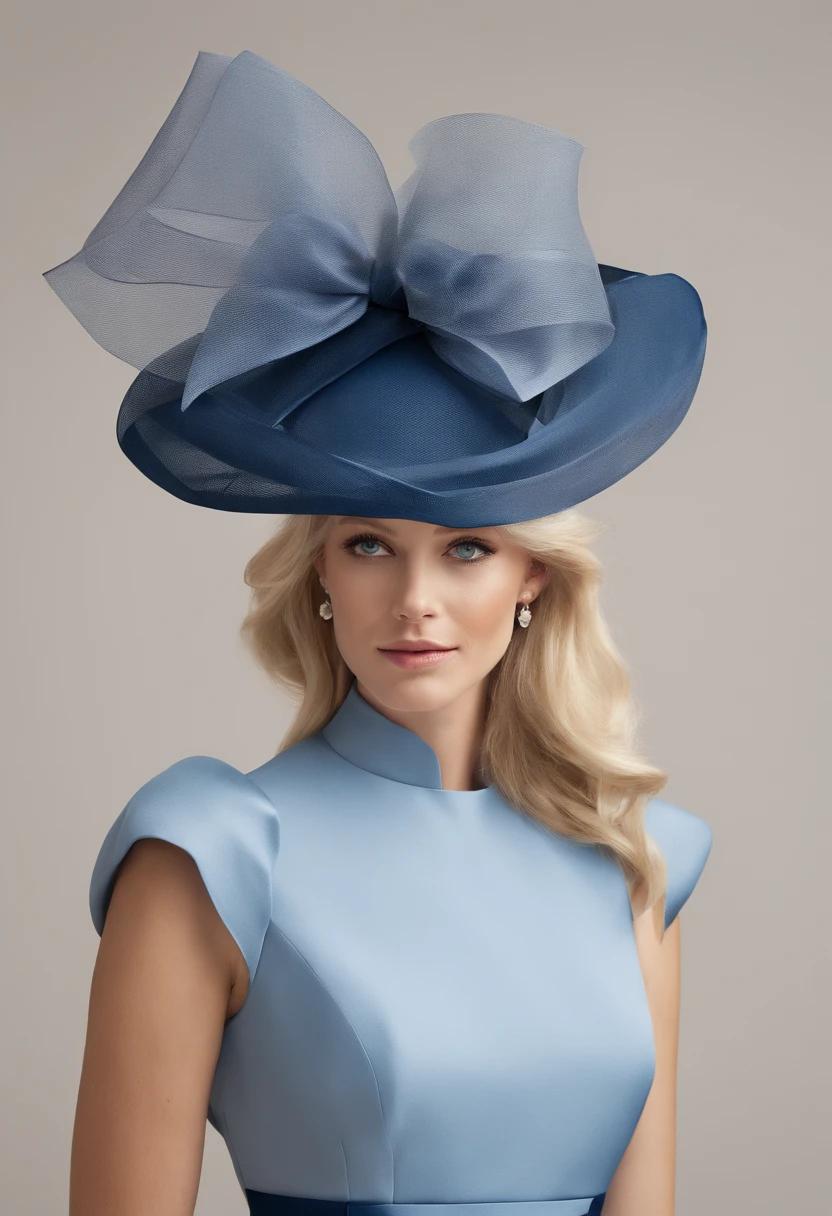 21st-century style, stunningly beautiful blonde Englishwoman dressed for Royal Ascot in a conservative blue day dress with short puffed sleeves