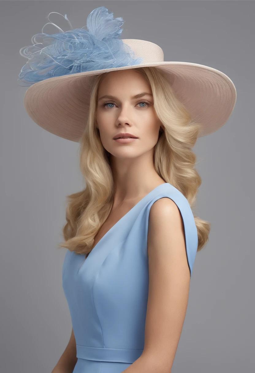21st-century style,  stunningly beautiful blonde Englishwoman dressed for Royal Ascot in a conservative blue day dress with short puffed sleeves