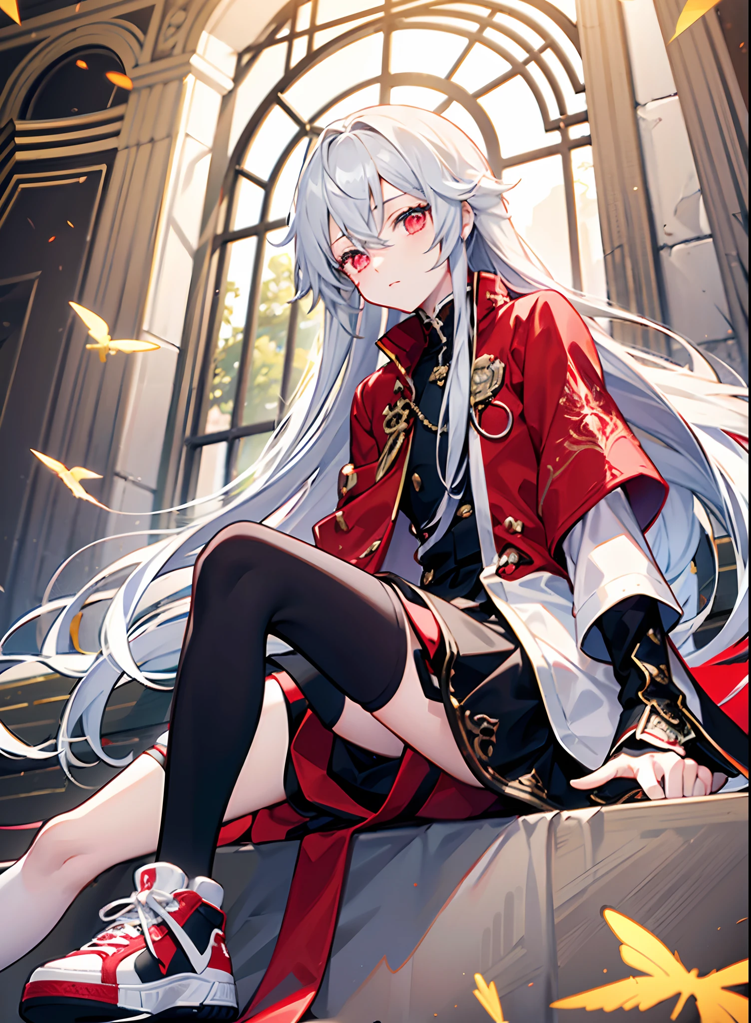 A cute long-haired boy who is difficult to distinguish between men and women,nobles,red color eyes,Gorgeous black and white clothes,over knee socks,White sneakers,sitting in the palace,Surrounded by flying points of light。4K,Smooth skin,Gorgeous background。