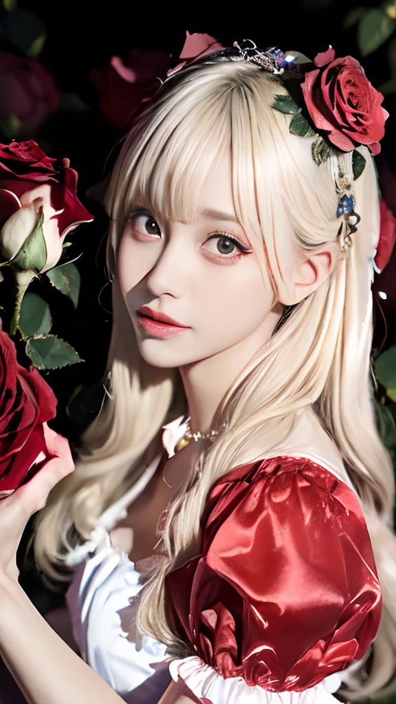 (master piece:1.2, Best Quality), Realistic, (real picture, Intricate details, depth of fields), highly-detailed, (night time, starry skies), ((red ta Dress, puff sleeves)), (Neat face), (TeenJapanese girl dancing in a rose garden at late night), (blonde hair, long wavy hair, blunt bangs), Fair skin, Parted lips, rose color lips, (roses:1.5), starry skies