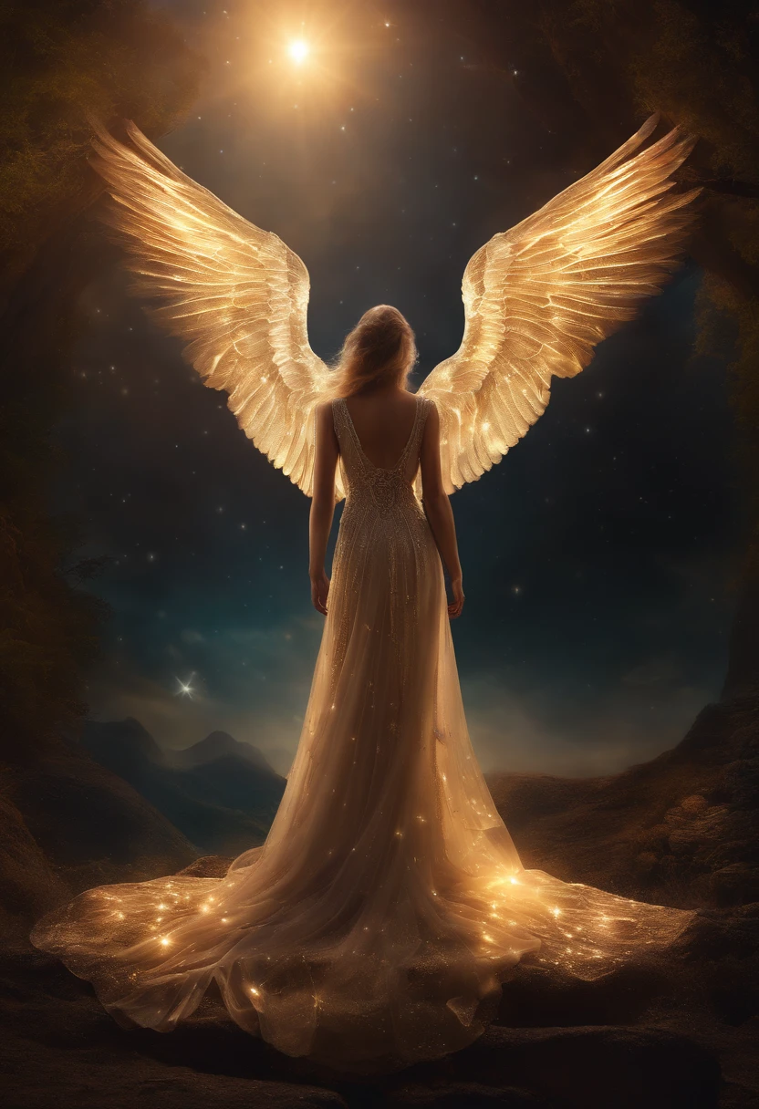 (A Cosmic Fallen Angel:1.1, estranho:0.9, assustador:0.9, Pesadelo, cores muito brilhantes, light particles, com luz brilhante, Mshiv, Arte do papel de parede:1.1, Papel de parede UHD, bioluminescente, Surrealista, fundo escuro, asas detalhadas, Glowing Mystical Symbols, ethereal glow, assombrosamente bela, aura celestial, Corpo delicado, cabelos vermelhos ardentes, Delicate Ethereal Dress, flutuando no ar, surrounded by stars and galaxies, paisagem de outro mundo, Cosmic energy radiating from angel, misterioso e cativante, Bright eyes illuminating the darkness, Intricate biomechanical details, ser celestial, supernatural presence, captivating facial features, Luz celeste projetando sombras)