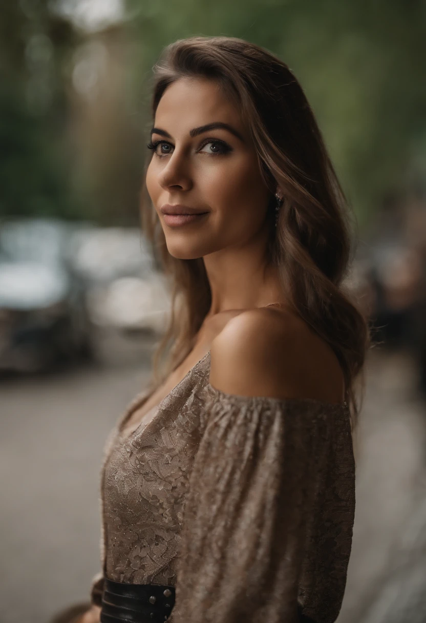 profissional, (Foto 4k:1.1), Very high detail, mulher brasileira, Wear business clothes, rosto bonito e detalhado, cabelos castanhos, not too long, forma do corpo, Office meeting room with desk