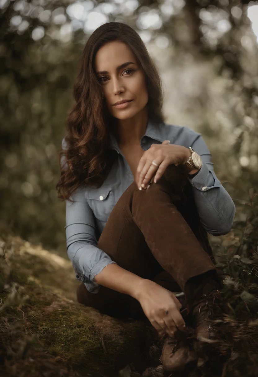 profissional, (Foto 4k:1.1), Very high detail, mulher brasileira, Wear business clothes, rosto bonito e detalhado, cabelos castanhos, not too long, forma do corpo, Office meeting room with desk