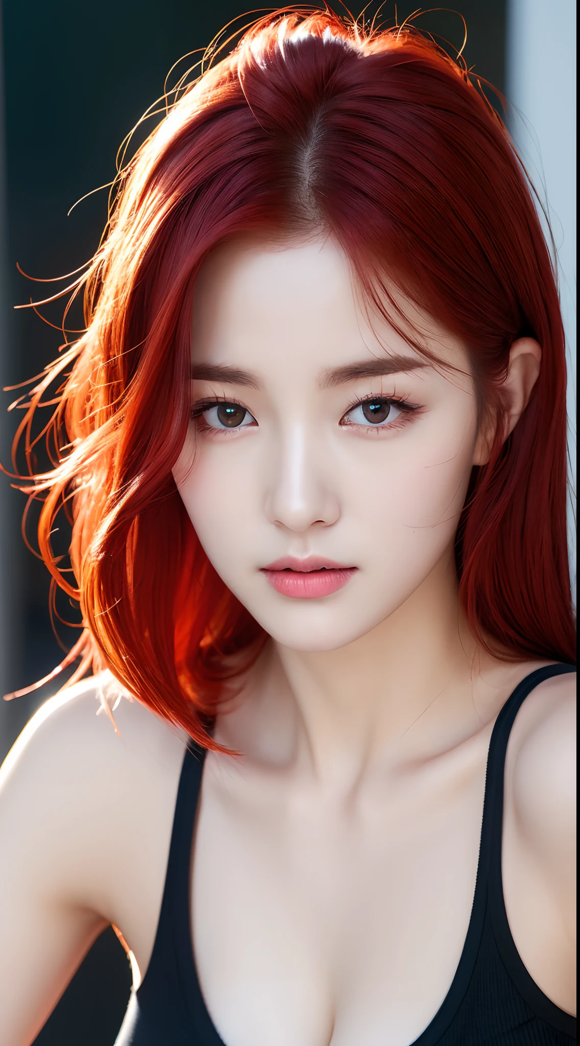 Realistic photos of (1 cute Korean star) red flipped hair, thin makeup, 32 inch breasts size,wearing  tank top, pants, standing in the downtown, close-up portrait, UHD