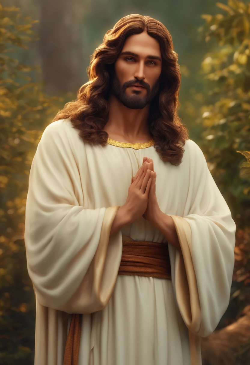 Um jesus cristo belo em um jardim de flores e iluminado pela luz do sol ((( beautiful and christian foyography )))