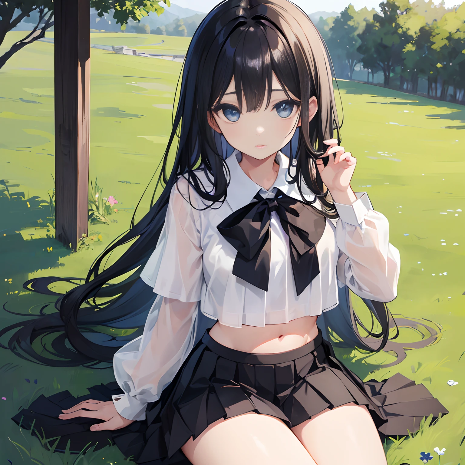 (Girls in the lower grades of elementary school)(child)(Flat Chest)(Thin limbs)(5Head and Body)Black-haired Laugh with your mouth slightly open Straw hat White Summer Dress ライトブルーの横縞模様のっぽい白いパンティー sneakers In front of the corn field squat with your legs slightly open The wind is blowing The skirt is twisted I can see your pants