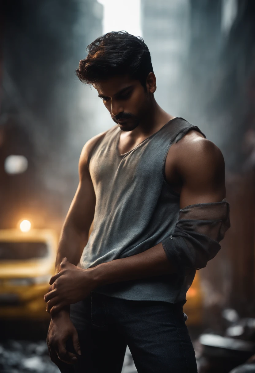 Boy looking destroy Mumbai in robots hyper realistic dark colour background