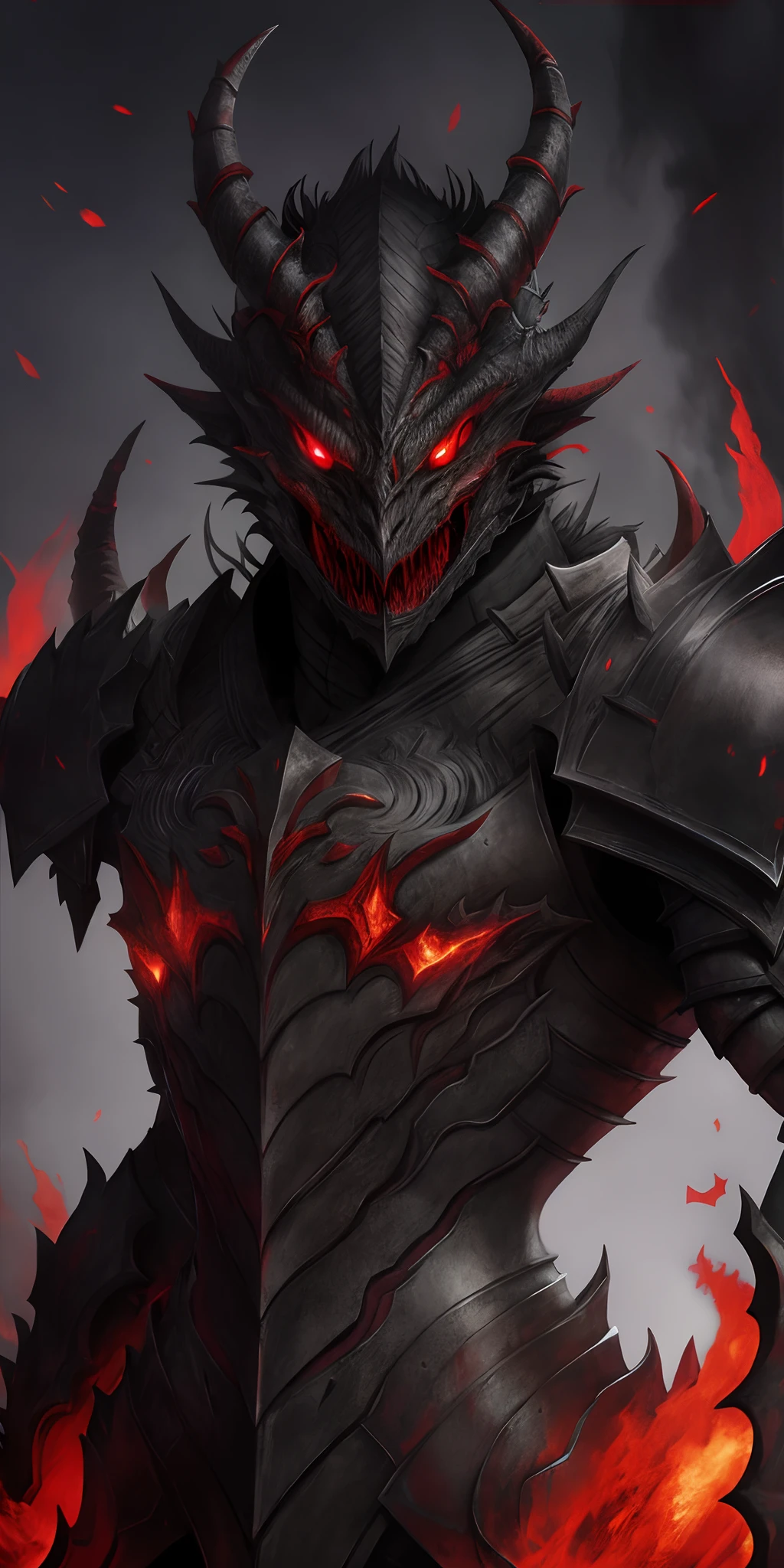 demonic looking male in armor with red eyes and a glowing demon face, demonic dragon inspired armor, alduin, dragon knight, draconic looking armor, fantasy inspired dragon armor, dragon inspired armor, dragon armor, cyborg dragon portrait, demon armor, black dragon, epic fantasy art style, dragon ancient full plate armor, lord of cinder, colossal dragon as background