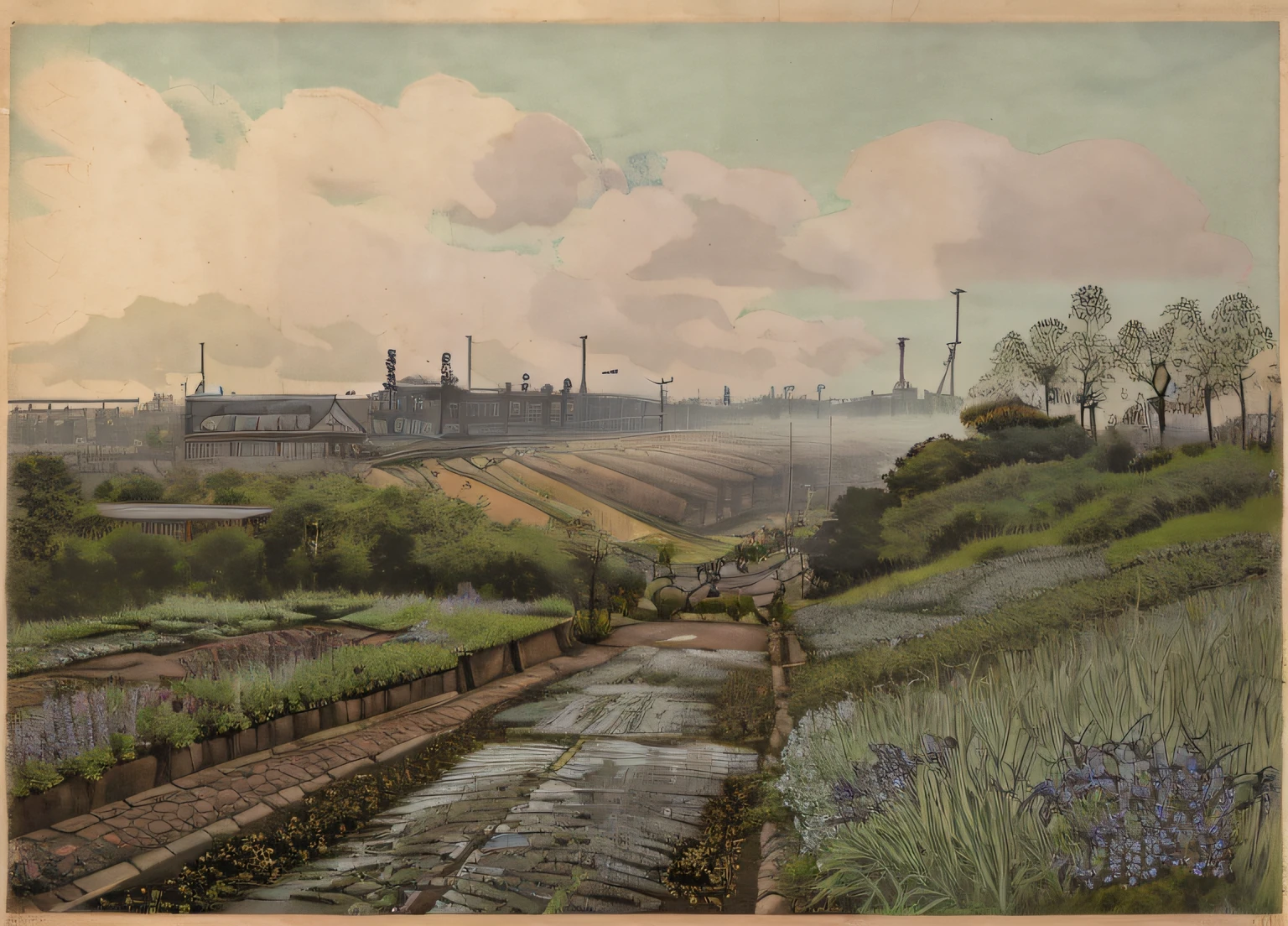 Road to industrial town in the late 19th century, similar to this image. Greenhouses are on the rooftops of buildings. Zoomed in image.