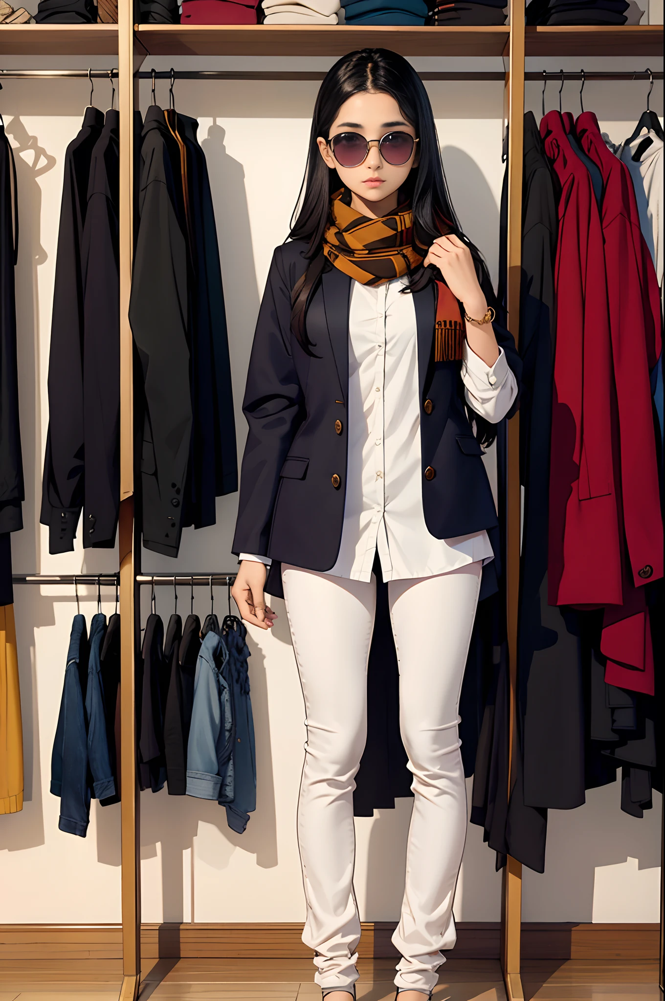 arafed girl wearing a scarf and sunglasses standing in front of a rack of clothes, very beautiful girl, with accurate face, khyzyl saleem, she is about 1 6 , faridah malik, with kind face, riyahd cassiem, very very low quality picture, cute beautiful, young himalayan woman, beuatiful face, detailed picture, full body, nude