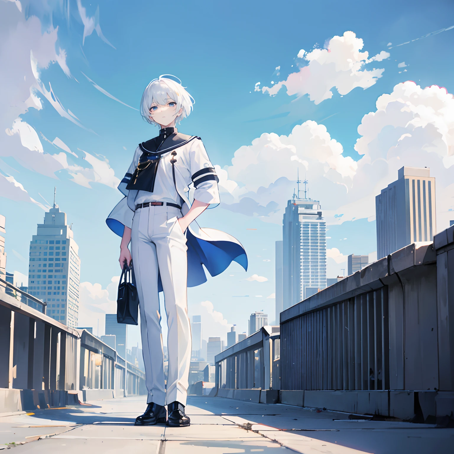 White color hair，short detailed hair，Libido boy， Black eyes，White JK uniform top，shorter pants，All body，Standing on the ground，Background city blue sky and white clouds，science fantasy