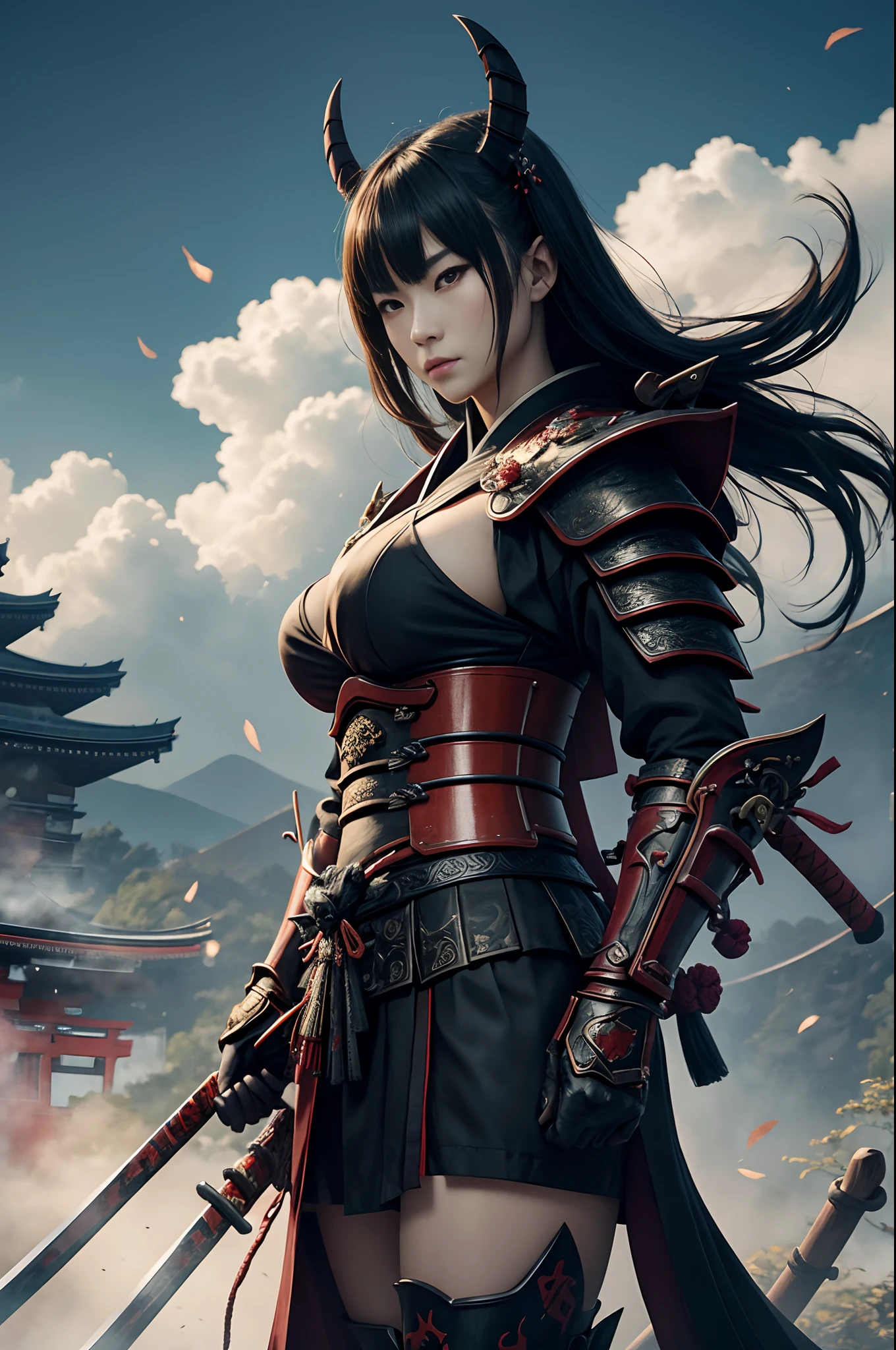 (Demon Female Samurai)、Demon Mask、Super beautiful、Solo Adult Demon Woman、Like the whole body、(Armed with a long and large spear)、Mature Woman Big Female Demon。Stand facing the front,Demon Armor,magnificent artwork,((Kyoto panel painting style))、Wind-effect:1.9、Cloud Effects:1.2、Full Rendering、Encaustic Painting,unrealengine,