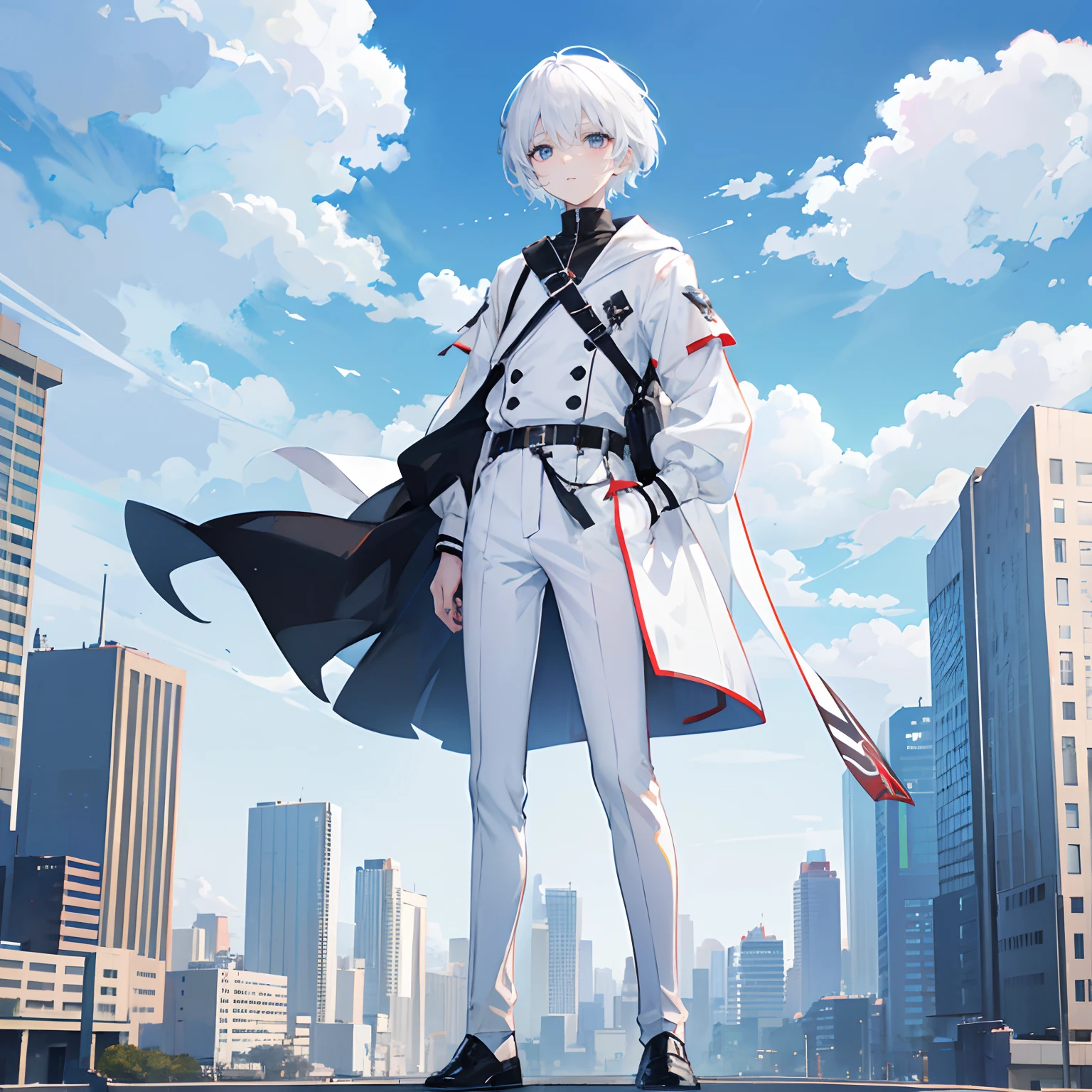 white color hair,short detailed hair,Libido boy, Black eyes,White clothes,All body,Standing on the ground,Background city blue sky and white clouds,science fantasy