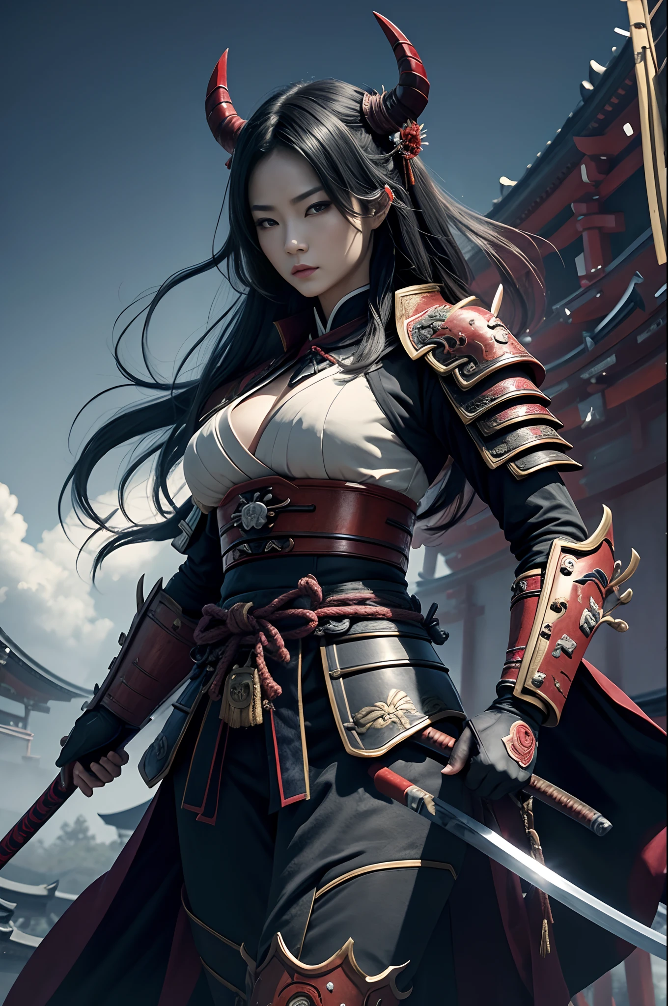 (Demon Female Samurai)、Demon Mask、Super beautiful、Solo Adult Demon Woman、Like the whole body、(Armed with a long and large spear)、Mature Woman Big Female Demon。Stand facing the front,Demon Armor,magnificent artwork,((Kyoto panel painting style))、Wind-effect:1.9、Cloud Effects:1.2、Full Rendering、Encaustic Painting,unrealengine,