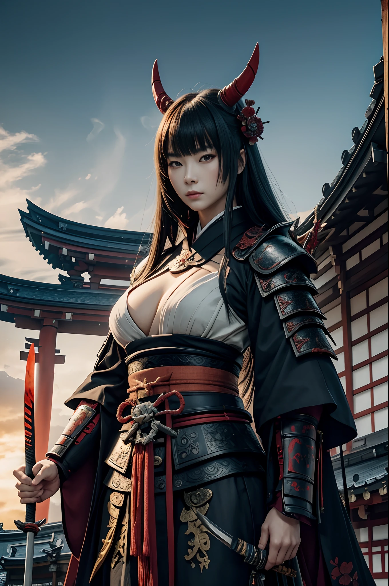 (Demon Female Samurai)、Demon Mask、Super beautiful、Solo Adult Demon Woman、Like the whole body、(Armed with a long and large spear)、Mature Woman Big Female Demon。Stand facing the front,Demon Armor,magnificent artwork,((Kyoto panel painting style))、Wind-effect:1.9、Cloud Effects:1.2、Full Rendering、Encaustic Painting,unrealengine,