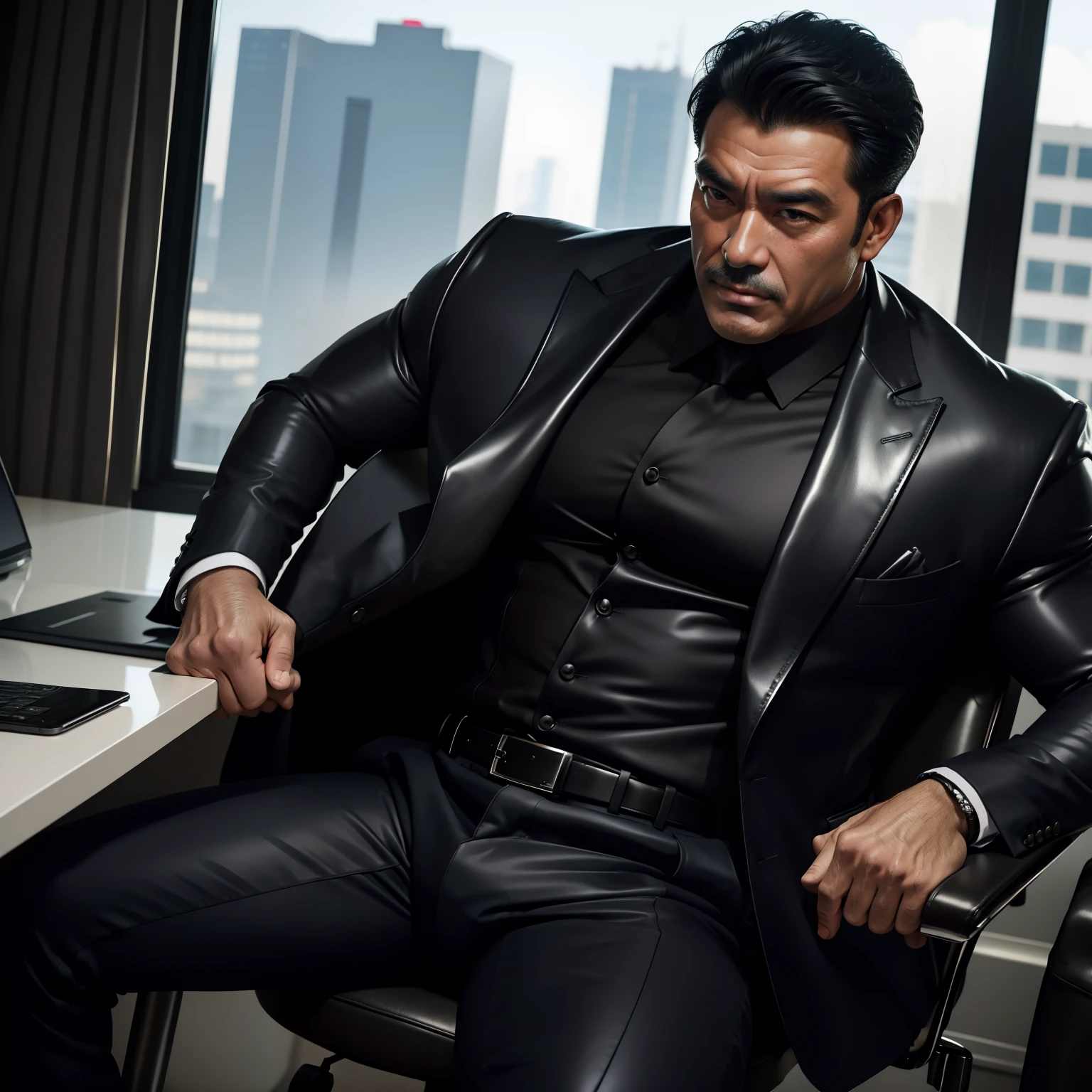 50 years old,daddy,shiny suit ,Dad sat on a chair,k hd,in the office,big muscle, gay ,black hair,asia face,masculine,strong man,the boss is,handsome,sex,leather gloves,lecherous dad,look straight ahead,dad is handsome,dad is lewd face ,dad is sex dad