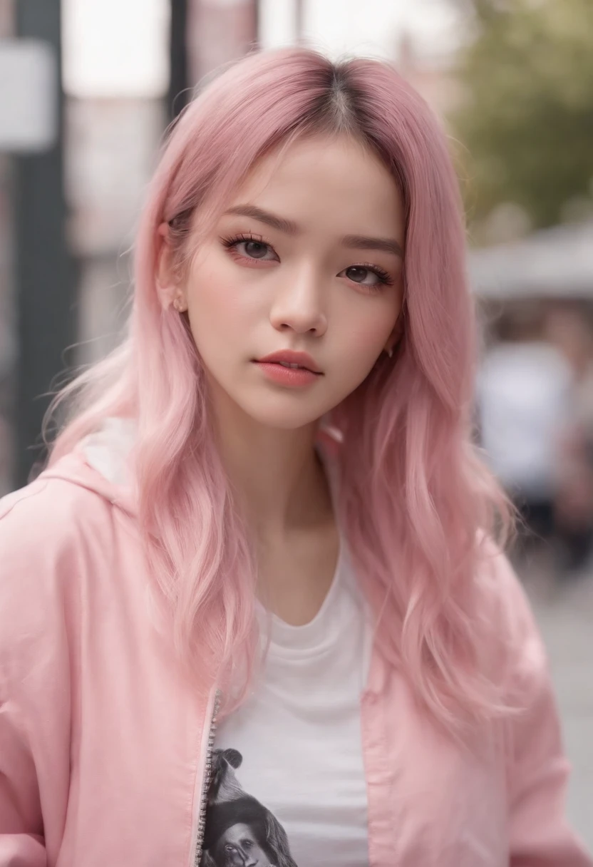 Chica anime con pelo rosa, Se la ve vistiendo piezas de streetwear., con cabello rosado, Retrato de Jossi de Blackpink, ulzzangs, ((rosado)), Jossi de Blackpink, Lalisa Manoban de Blackpink, Llevar ropa de calle cyberpunk, Ropa de calle japonesa, con el pelo largo, Chica de anime en la vida real, pose casual, Chica rosa