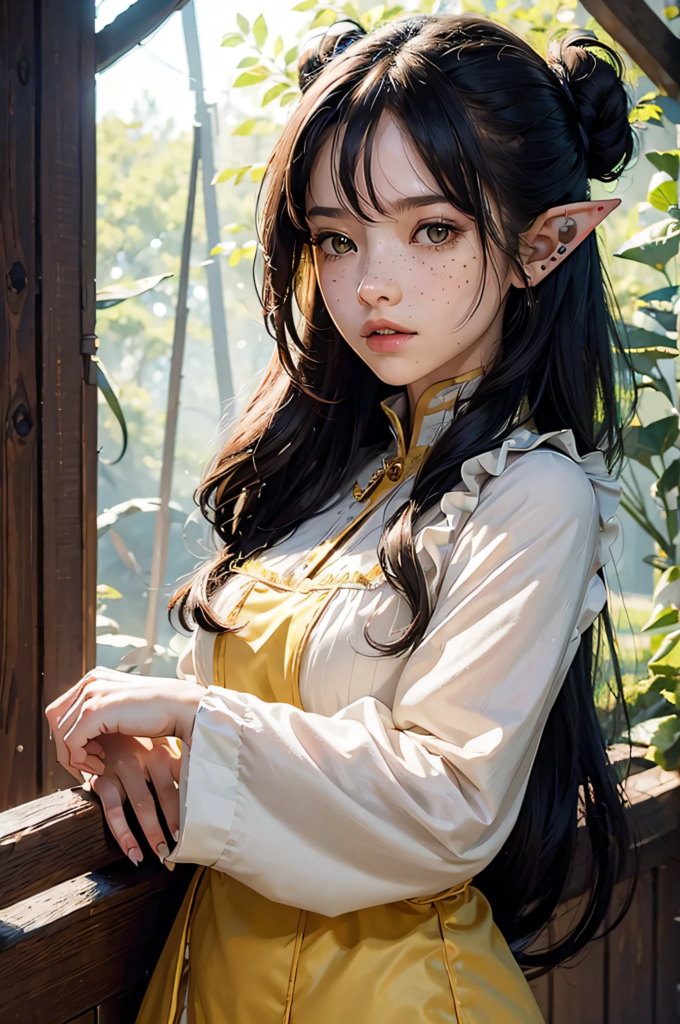 (1girl:1.3),solo,__body-parts__, official art, unity 8k wallpaper, ultra detailed, beautiful and aesthetic, beautiful, masterpiece, best quality,Fantastical Atmosphere, Calming Palette, Tranquil Mood, Soft Shading, elf girl, long ears, black hair, space buns, yellow eyes, freckles, maid outfit, forest