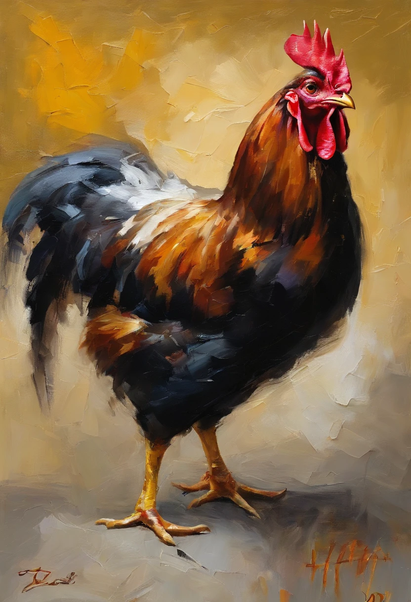oil painting , chicken with unstable multiple personality disorder , sharp nails , - (worry ,glory , artistic) , - white feathers , black tail - (faded yellow)  background - (pity at my friend) , realistic anatomy -crying at funelral , full body potrait of chicken -  thick strokes, palette knife,  impasto, Albrecht Dürer, Rembrandt, baroque art, alla prima, sfumato, chiaroscuro, intense light, catchlight, Backlighting, small spotlight