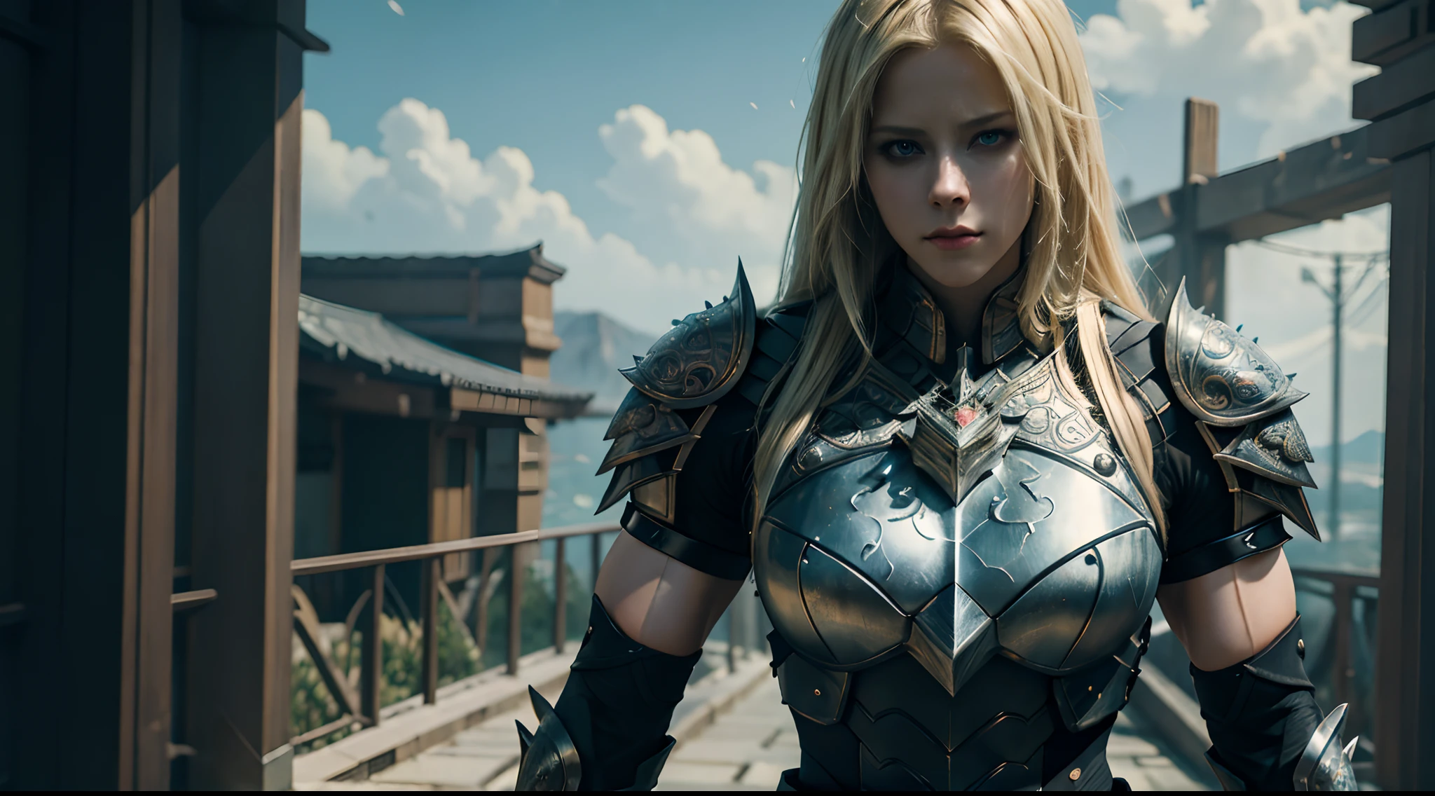 Full body, a detailed 21 year old bodybuilder superhero Avril Lavigne alone, wearing armor, detailed face, blonde hair, dynamic pose, looking at us, Korean atmosphere, sharp focus, photo lighting, intricately detailed art, fantastical, beautifully color graded, Unreal Engine, splash screen, complementary colors, fantasy concept art, 16k resolution, digital art, heavy strokes, (waifu, anime, exceptional, best aesthetic, new, newest, best quality, masterpiece, extremely detailed:1.2), 3d render, cgi, symetrical, octane render, 35mm, bokeh, (intricate details:1.12), hdr, (intricate details, hyperdetailed:1.15)