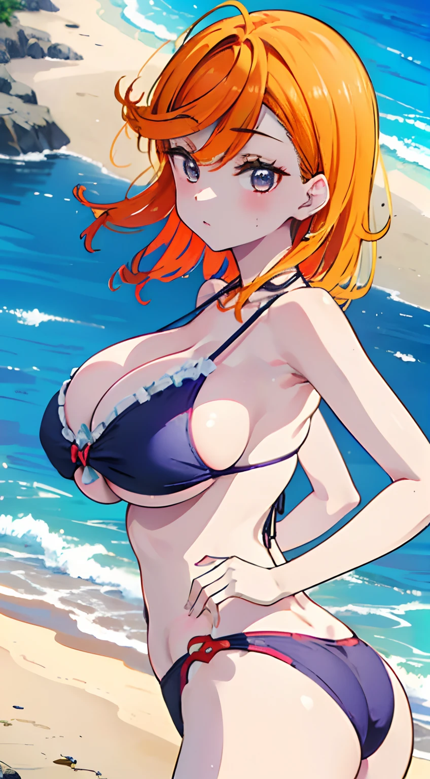 (masterpiece), best quality, expressive eyes, perfect face,(best quality,4k,8k,highres,masterpiece:1.2),
best quality,Orange hair, purple eyes , (detail eyes:1.3), quality,4k,8k,highres,masterpiece:1.2),ultra-detailed,best,(best quality,4k,8k,highres,masterpiece:1.2), shibuya kanon, (Arched back:1.5),beach scenery, (huge breast:1.3),(colorful bikini:1.5),(detail lips:1.3),(Messy hair:1.5), Huge_ass,