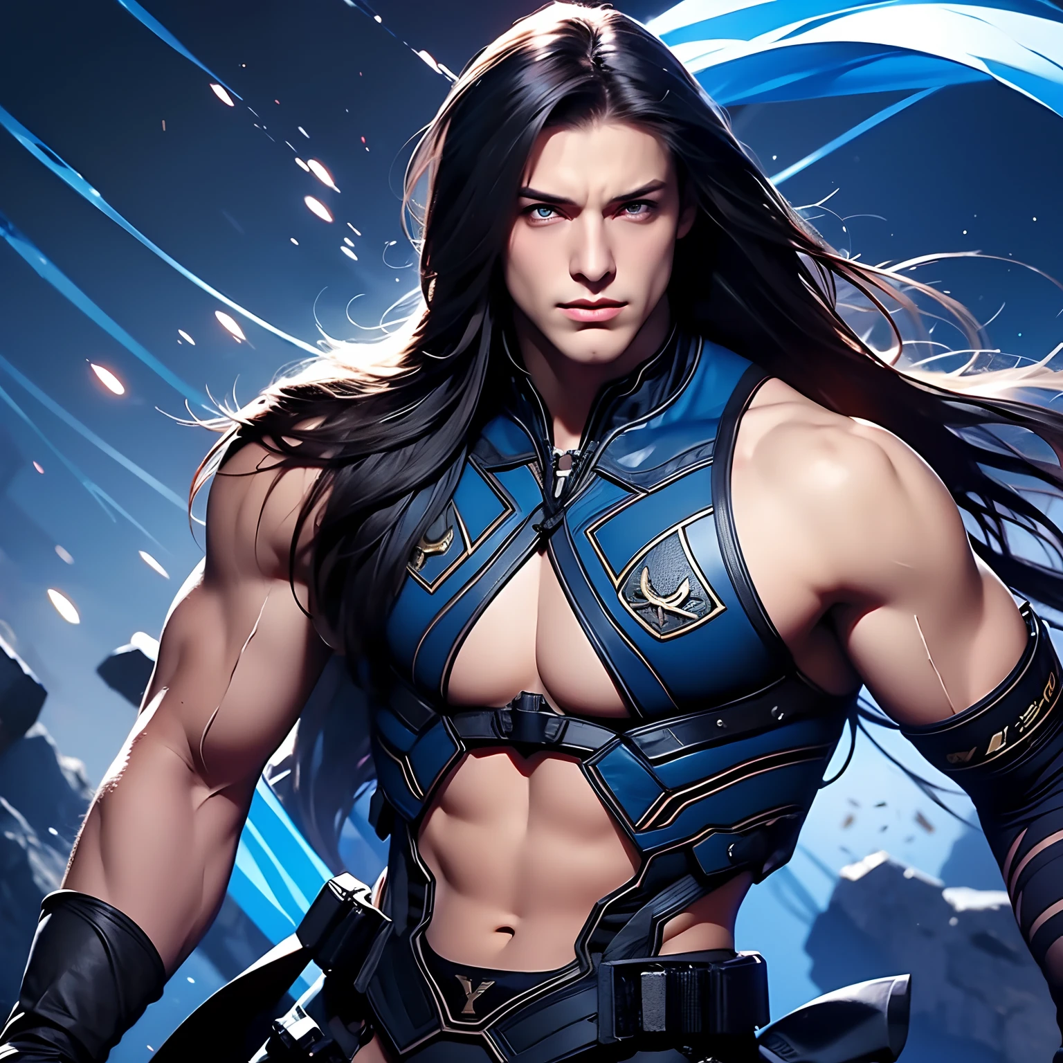 Man, young, boy, strong, muscular, big straight hair, black hair, blue eyes, combat posture, war background