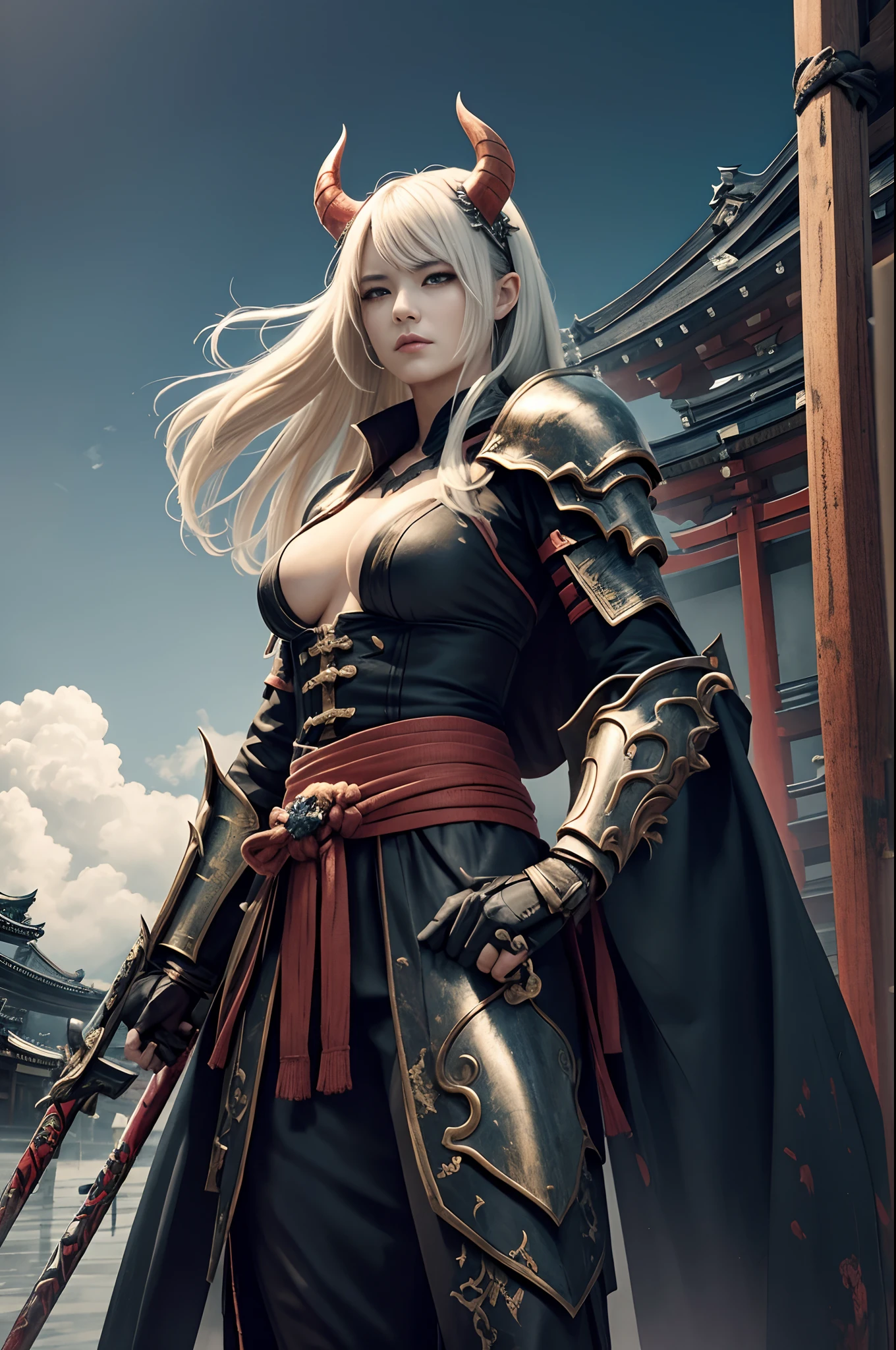 (Female Ghost Attendant)、Demon Mask、Super beautiful、Solo Adult Demon Woman、Like the whole body、(Armed with a long and large spear)、Mature Woman Big Female Demon。Rugged jaws(Like the real thing),Stand facing the front,Demon Armor,magnificent artwork,((Kyoto panel painting style))、Wind-effect:1.9、Cloud Effects:1.2、Full Rendering、Encaustic Painting,unrealengine,