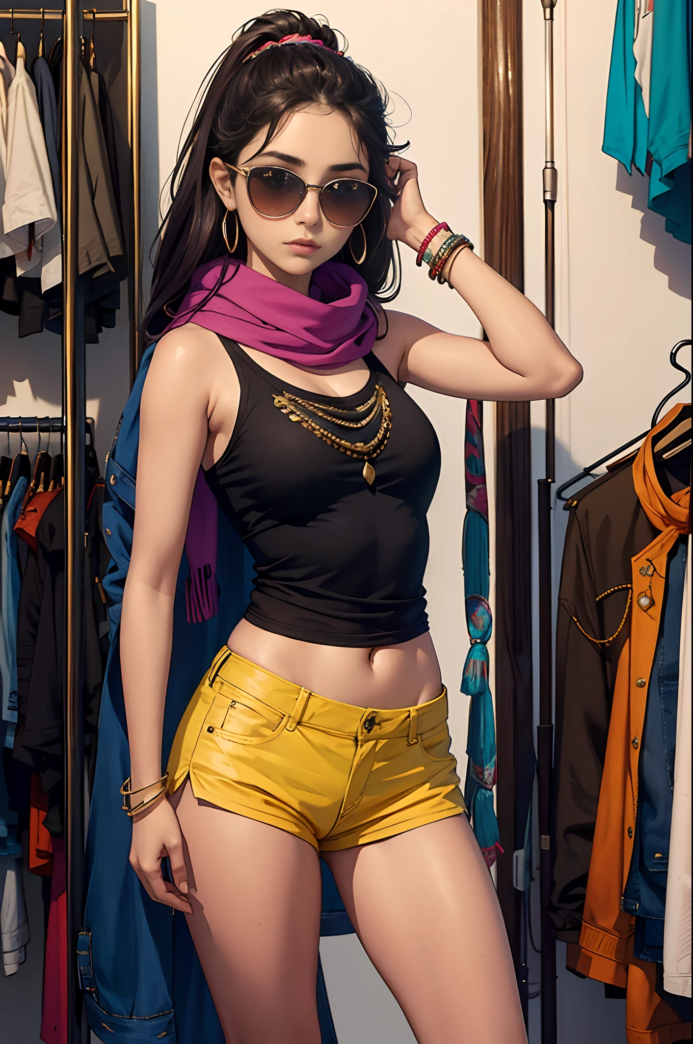 Arafed girl with a scarf and sunglasses standing in front of a clothes rack, chica muy hermosa, con cara precisa, Khyzyl Saleem, she is about 1 6 years old, Faridah Malik, con cara amable, Riyahd Cassiem, imagen de muy muy muy baja calidad, Lindo hermoso, Joven mujer del Himalaya, Cara hermosa, Imagen detallada, cuerpo completo, morena