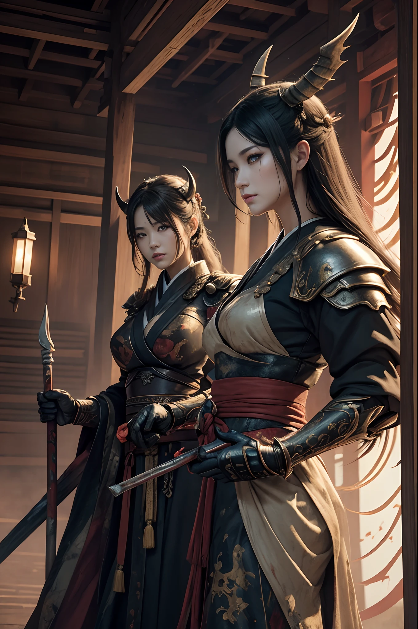 (Female Ghost Attendant)、Demon Mask、Super beautiful、Solo Adult Demon Woman、Like the whole body、(Armed with a long and large spear)、Mature Woman Big Female Demon。Rugged jaws(Like the real thing),Stand facing the front,Demon Armor,magnificent artwork,((Kyoto panel painting style))、Wind-effect:1.9、Cloud Effects:1.2、Full Rendering、Encaustic Painting,unrealengine,