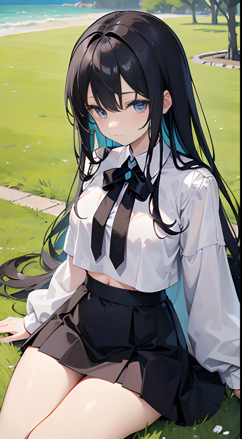 Beautiful illustration、top-quality、Handsome girl,Sit on grass、Black color hair、(White color blouse)((coat large))long whitr hair、(((Black leather skirt)))、short- sleeved、a navel,Bare legged、eBlue eyes、Lovely thighs、White top,(The lower body is naked),(does not wear panties)、Superskirt,(Exposes the at the base of the thigh)