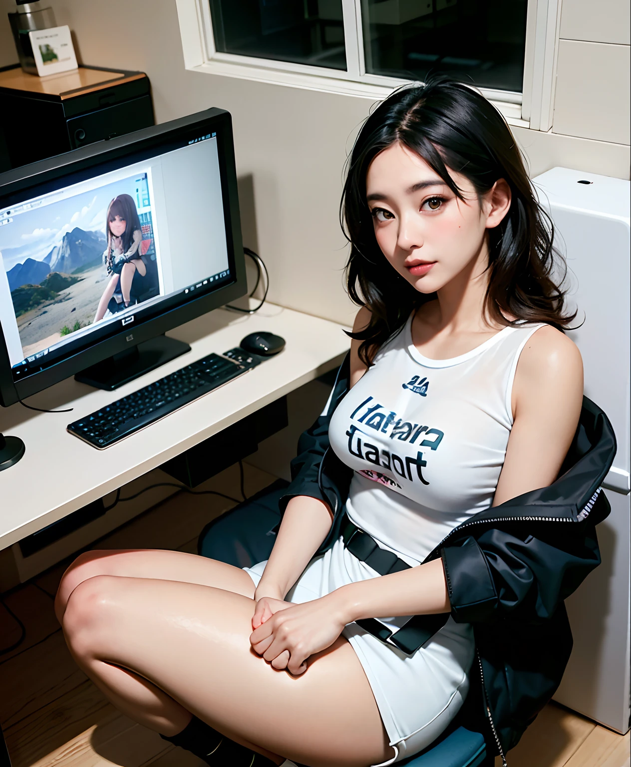 in 8K,Best Quality:1.4, 超A high resolution:1.5, (Photorealistic:1.4),masterpiece:1.2,(top-quality:1.4)、 Raw photo、 (From the knee up:1.6), (the background is blurred), Internet cafe,FULL BODYSHOT:1.4、 1日本人の女の子, Cute, (Solo), (Shy smile), Smooth skin、TThe shirt、Cute checked mini skirt、 (Brown medium hair,Bangs), (touch hair:1.4)、nogizaka、35 year old:1.5、Beautiful black eyes、natural skin textures:1.3, realistic eyes and face details:1.7、middlebreasts、Gravure Pose:1.1、gazing at viewer