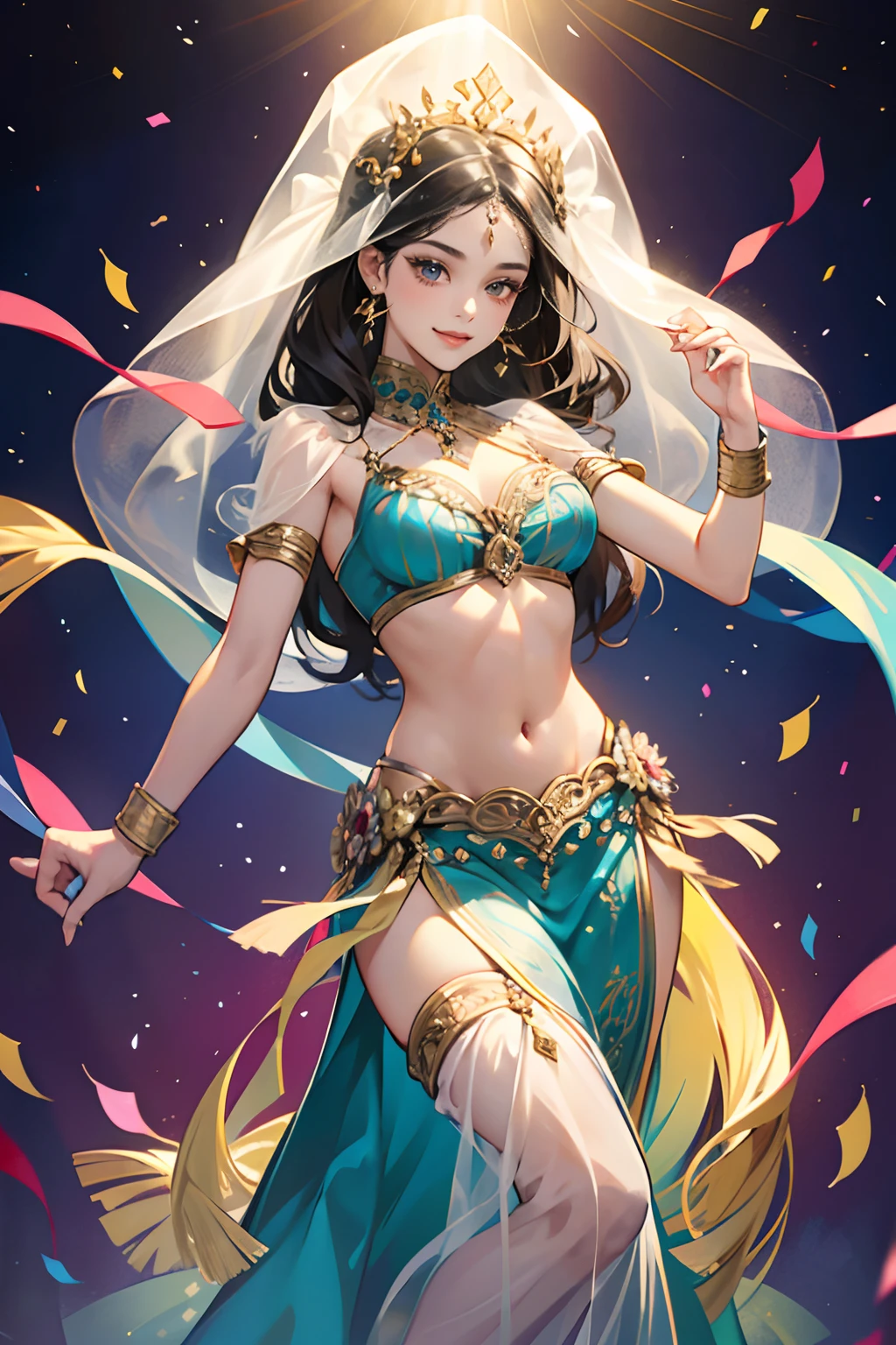 1 girl, Young and beautiful women,Perfect female body, eye looking to camera, (Dancers,Persian dancers, fluttering veil,transparent long streamers),face veils,smile,Dancing posture