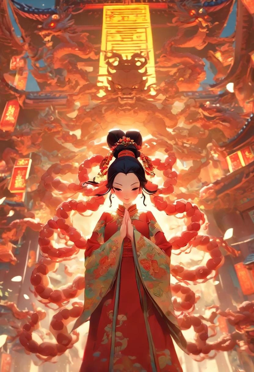 (((Chinese woman with eight arms))) best quality, very high resolution, detailed CG in 4K, masterpiece, woman, eight arms, Chinese temple, Chinese people, Chinese tribes, Chinese city, forest, aesthetics, beautiful image, centered on the screen, whole body
