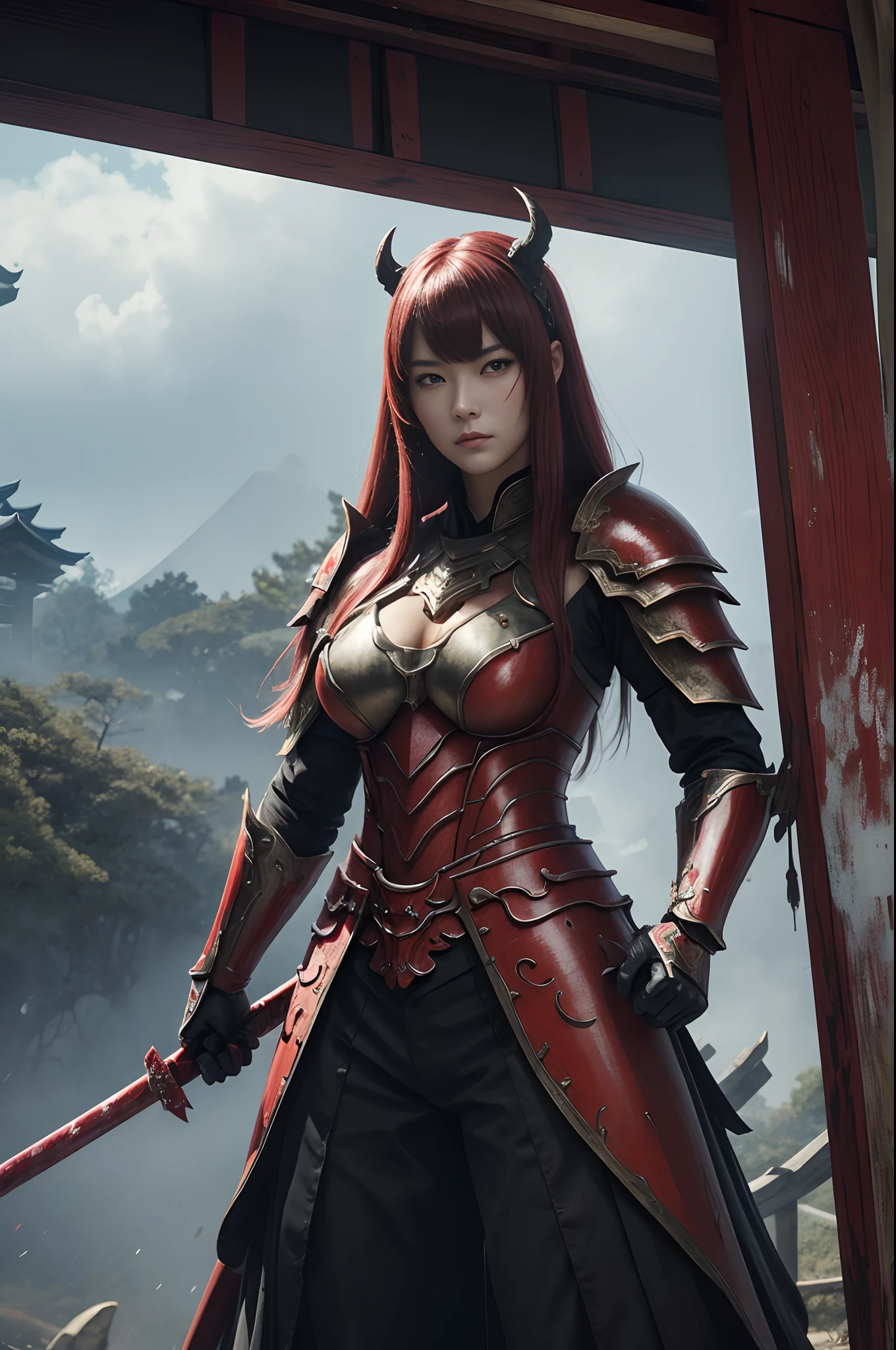 (Female Ghost Attendant)、Demon Mask、Super beautiful、Red Armor Solo Adult Demon Woman、Like the whole body、(Armed with a long and large spear)、Mature Woman Big Female Demon。Rugged jaws(Like the real thing),Stand facing the front,Demon Armor,magnificent artwork,((Kyoto panel painting style))、Wind-effect:1.9、Cloud Effects:1.2、Full Rendering、Encaustic Painting,unrealengine,