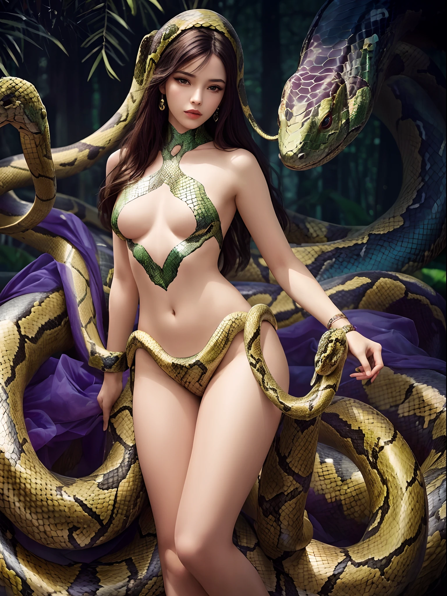 (best quality,4k,8k,highres,masterpiece:1.2),ultra-detailed,(realistic,photorealistic,photo-realistic:1.37),snake woman hybrid,beautiful detailed eyes,beautiful detailed lips,extremely detailed eyes and face,long eyelashes,scales covering the body,slithering movement,serpentine lower body,elegant and graceful posture,mesmerizing gaze,curved fangs,exotic and mesmerizing beauty,dark and mysterious aura,mythical creature,creature of legends,ethereal and otherworldly,iridescent scales,cold-blooded charm,shimmering patterns,alluring skin texture,enchanted forest background,serpent-like hair,seamless integration of woman and snake,secrets of the serpent world,elusive and enigmatic,serpent's hypnotic dance,charmingly dangerous,duality of femininity and serpentine power,wisdom and temptation,beautifully venomous,exotic flora and fauna intertwined,undulating motion,dynamic composition,artistically surreal,unleashing hidden powers,transformation and metamorphosis,unconventional beauty,unique and captivating,meticulously crafted masterpiece,awe-inspiring presence,vivid colors,soft and diffused lighting,impeccable attention to detail,(half of the girl's body from head to navel and half of the body from the hips down in the form of a snake:1.5),(no legs:1.5)