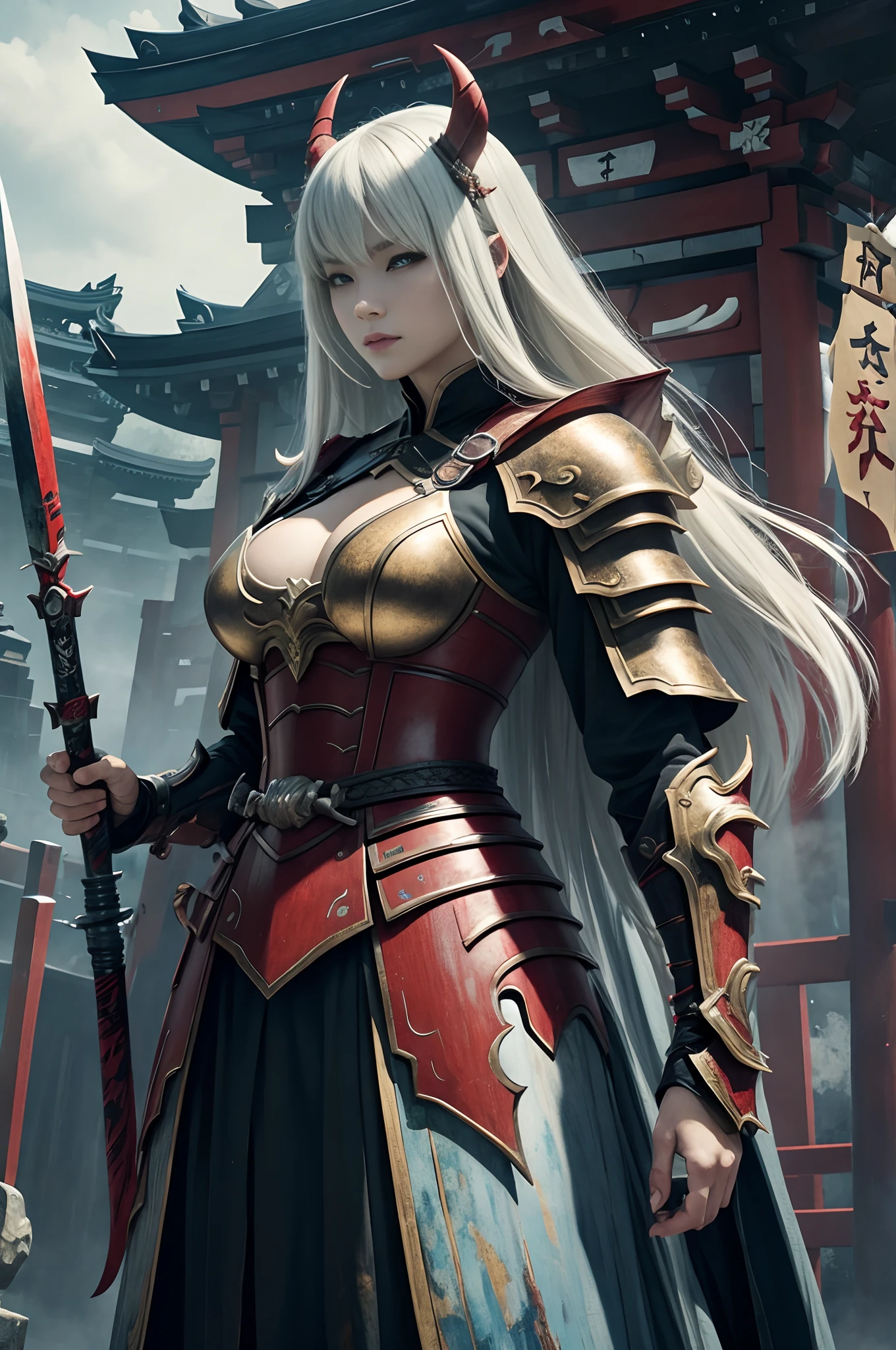 A woman in armor holding a sword in front of a building - SeaArt AI