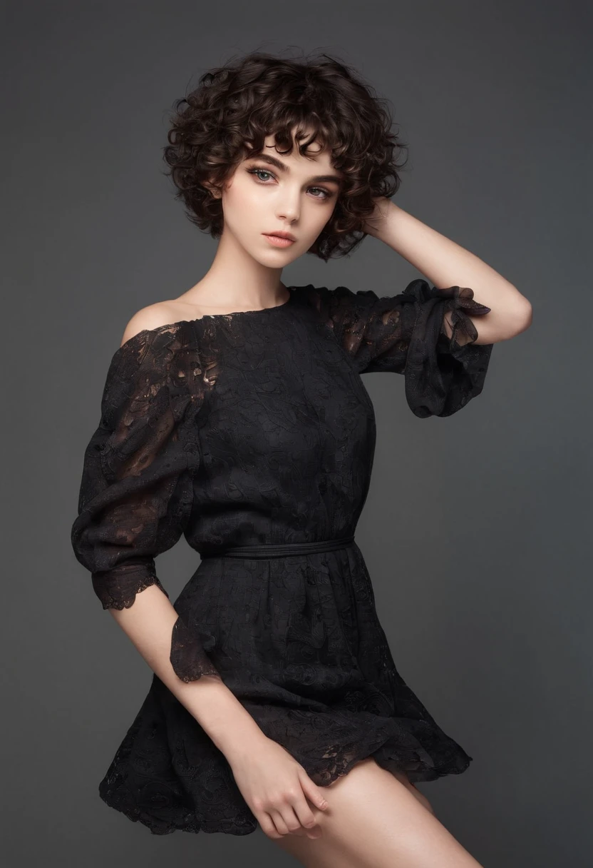 Cute Girl Black 18 Years Old Curly Short Hair In Dress Full Body Looking Sensually With Stunning Eyes In A Position ,mignon