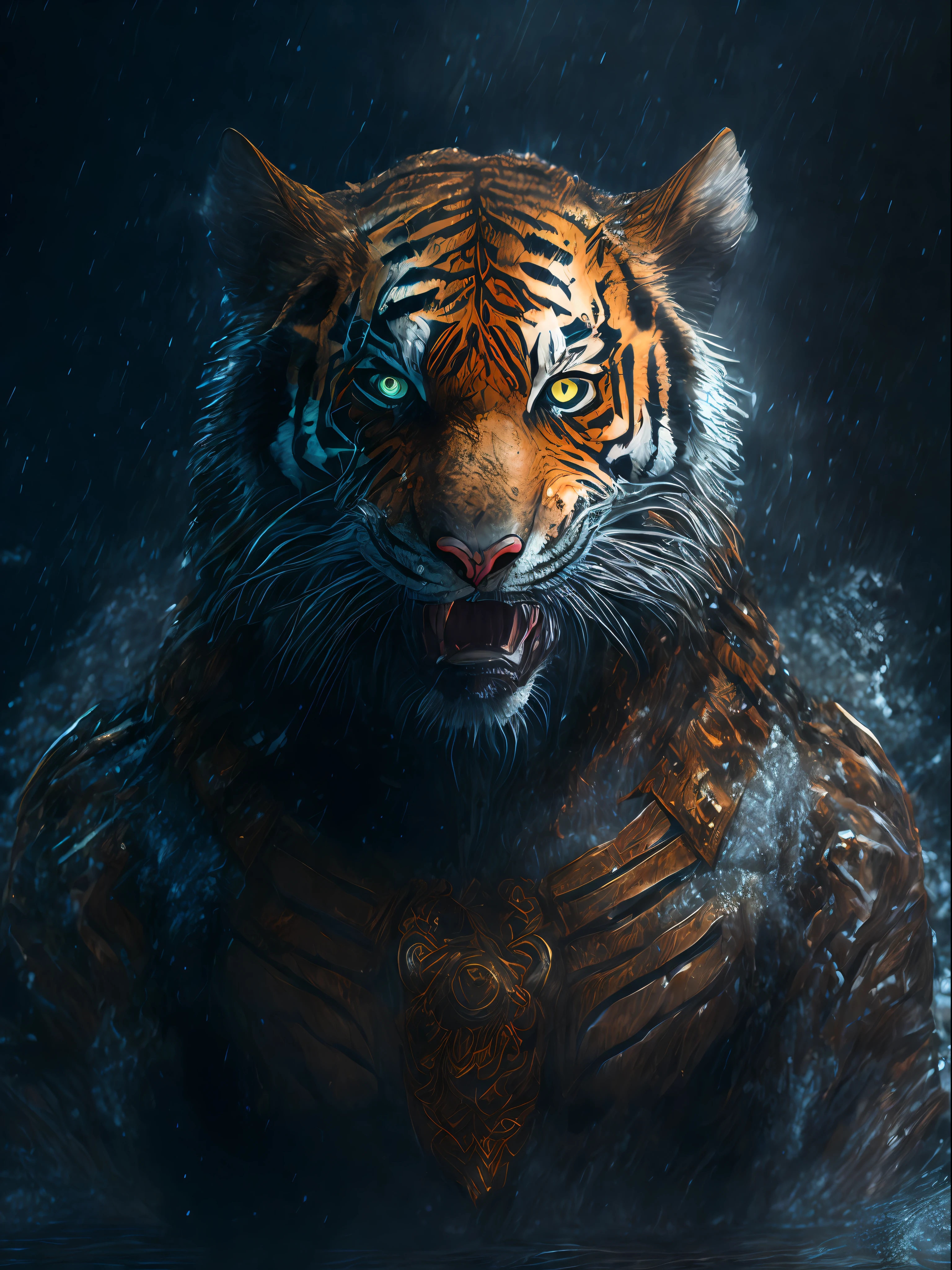 Scribble tiger face,(Humanoid Tiger:1.2),(Topless:1.3),Chubby,(Black eyebrows:1.1),(Perfect eyes),Golden fur,Black pattern,Black short hair,(In the dark cave,Cave:1.2),(White fun underwear:1.3),paw,(black beard:1.3),(collar:1.3),(Raised:1.3),(手捏着nipple:1.3),(Tentacles深入White fun underwear:1.4),(Tentacles:1.3),covered in wounds,(There is a scar on the left eye:1.3),Front view,middle aged,Strong,A face full of fear,nipple环钉,Milk secretion,How,(No collar),nipple,(嘴里有How:1.4),Open your mouth,16K