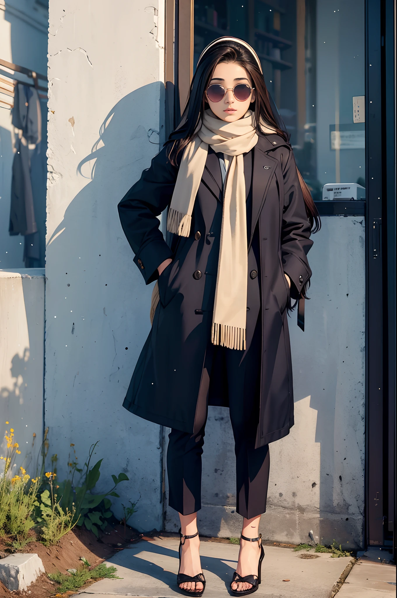 Arafed girl with a scarf and sunglasses standing in front of a coat rack, very beautiful girl, with precise face, Khyzyl Saleem, She is about 1 6 , Faridah Malik, with friendly face, Riyahd Cassiem, image of very very very low quality, Cute beautiful, Young Himalayan woman, Beautiful face, Detailed image, full body, brunette, nikab