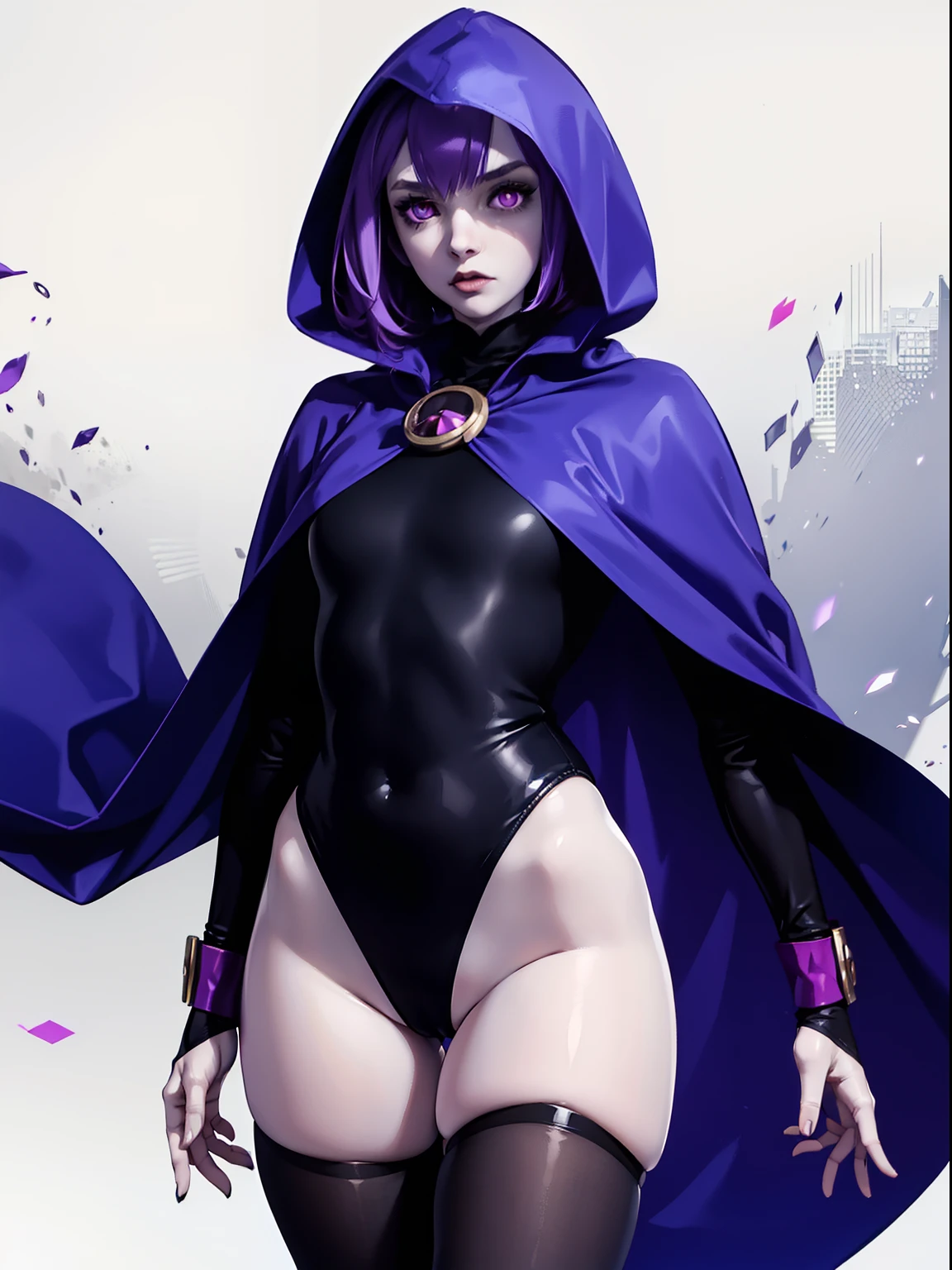 1girl,solo, short hair, purple eyes, pale skin, athletic,rvn,1girl,solo, black leotard, cape, tights, belt, hood on,hotraven