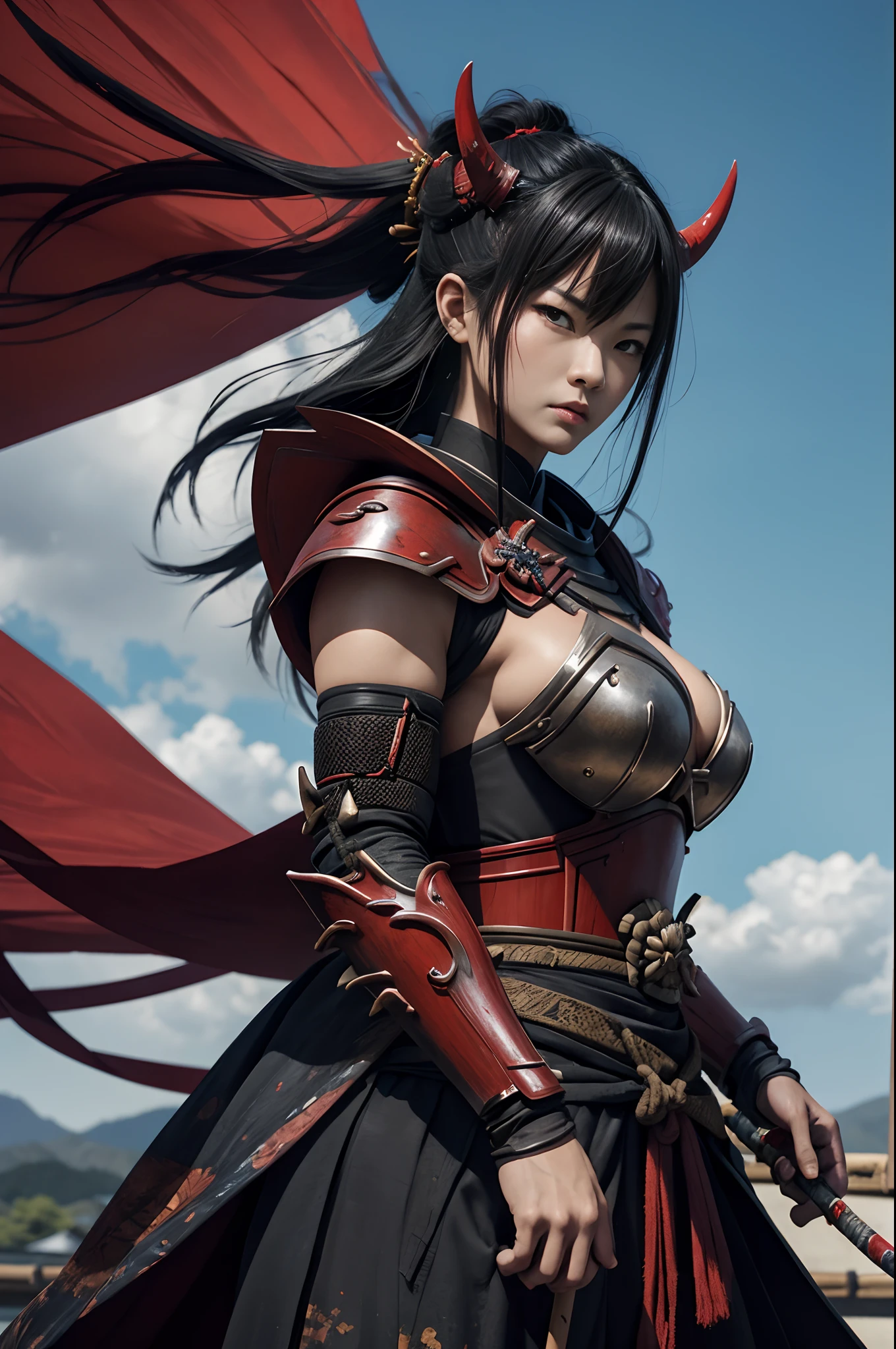 (Oni Samurai)、Demon Mask、Super beautiful、Red Armor Solo Adult Demon Woman、Like the whole body、(Armed with a long and large spear)、Mature Woman Big Female Demon。Rugged jaws(Like the real thing),Stand facing the front,Demon Armor,magnificent artwork,((Kyoto panel painting style))、Wind-effect:1.9、Cloud Effects:1.2、Full Rendering、Encaustic Painting,unrealengine,