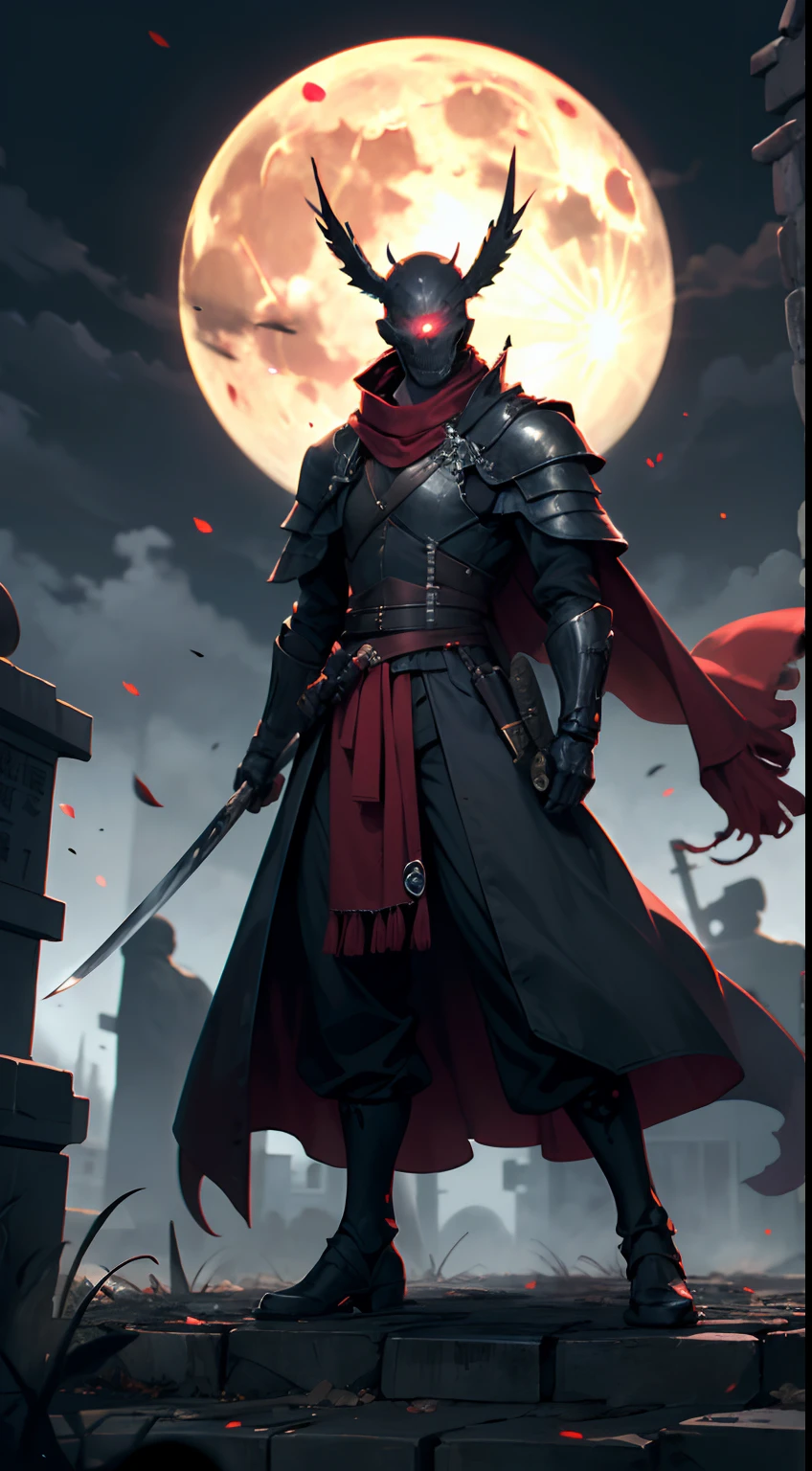 （irascible, irate，A high resolution, super-fine),（((Red glowing eyes))）looks into camera, evil look, Clear facial features, （Golden Hoop Curse）, bloody katana was held in his hand, to grin, human teeth exposed, Dressed in gorgeous armor, The red scarf sways in the wind，scarce face, Shoulder armor youkai skeleton decoration, 火焰, Kingly temperament, Full body photo, cinematic rim light, The light is delicate, tmasterpiece, ultra - detailed, Epic composition, Super HD, high qulity, HighestQuali, 32K, grin, a plague doctor humanoid, holding katana, scary, horror, night, dark, rainy weather, full moon, glowing red eyes, evil, 1600s, graveyard background, gloomy background, black clouds, a lot zombies red eyes looking at the view, black red details robe, wallpaper