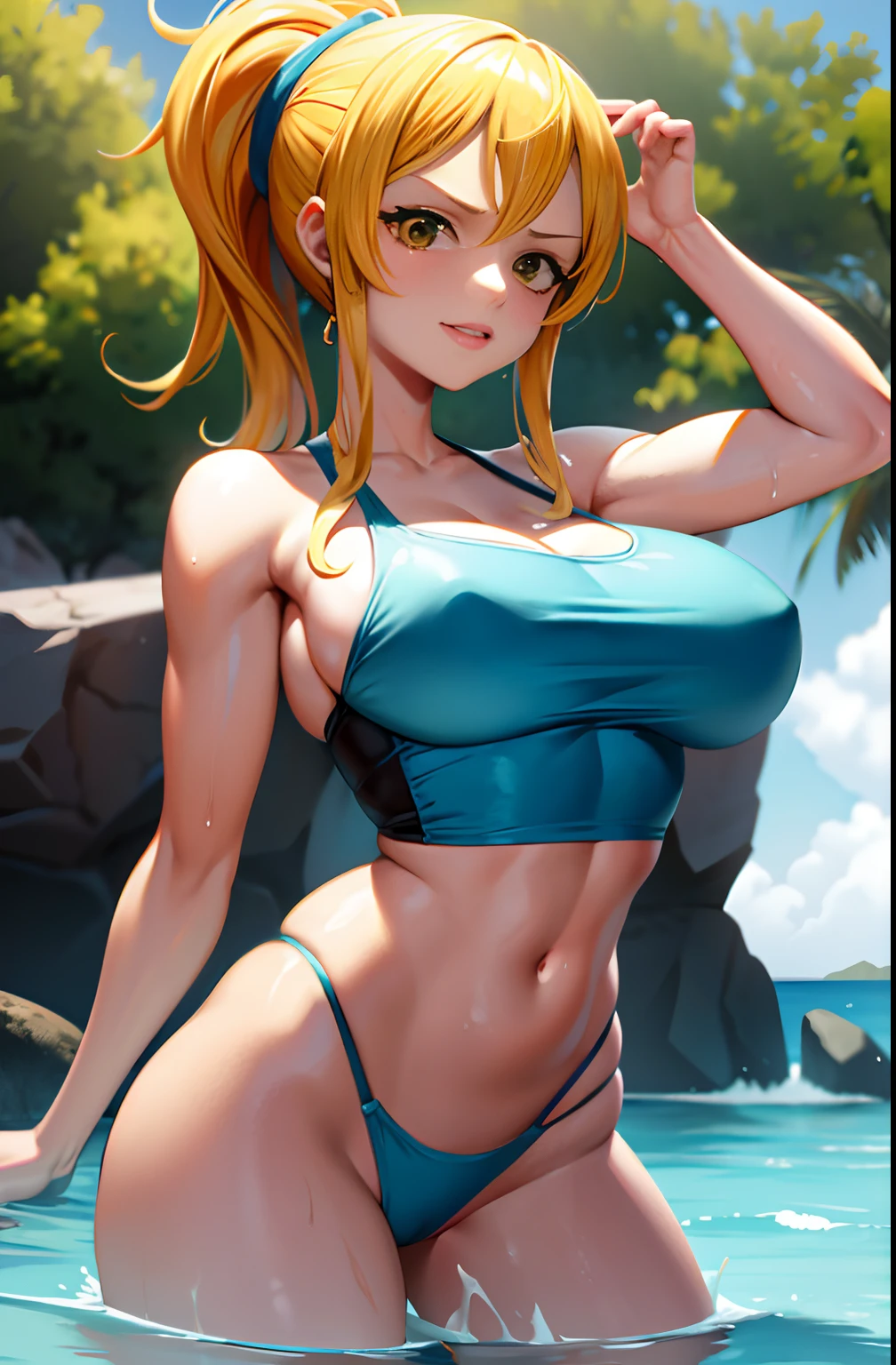 Petite, muscular Nami from one piece , huge chest pov, hentai, white tube top reveling mid section , wet reveling breasts, high ponytail, cum on tits