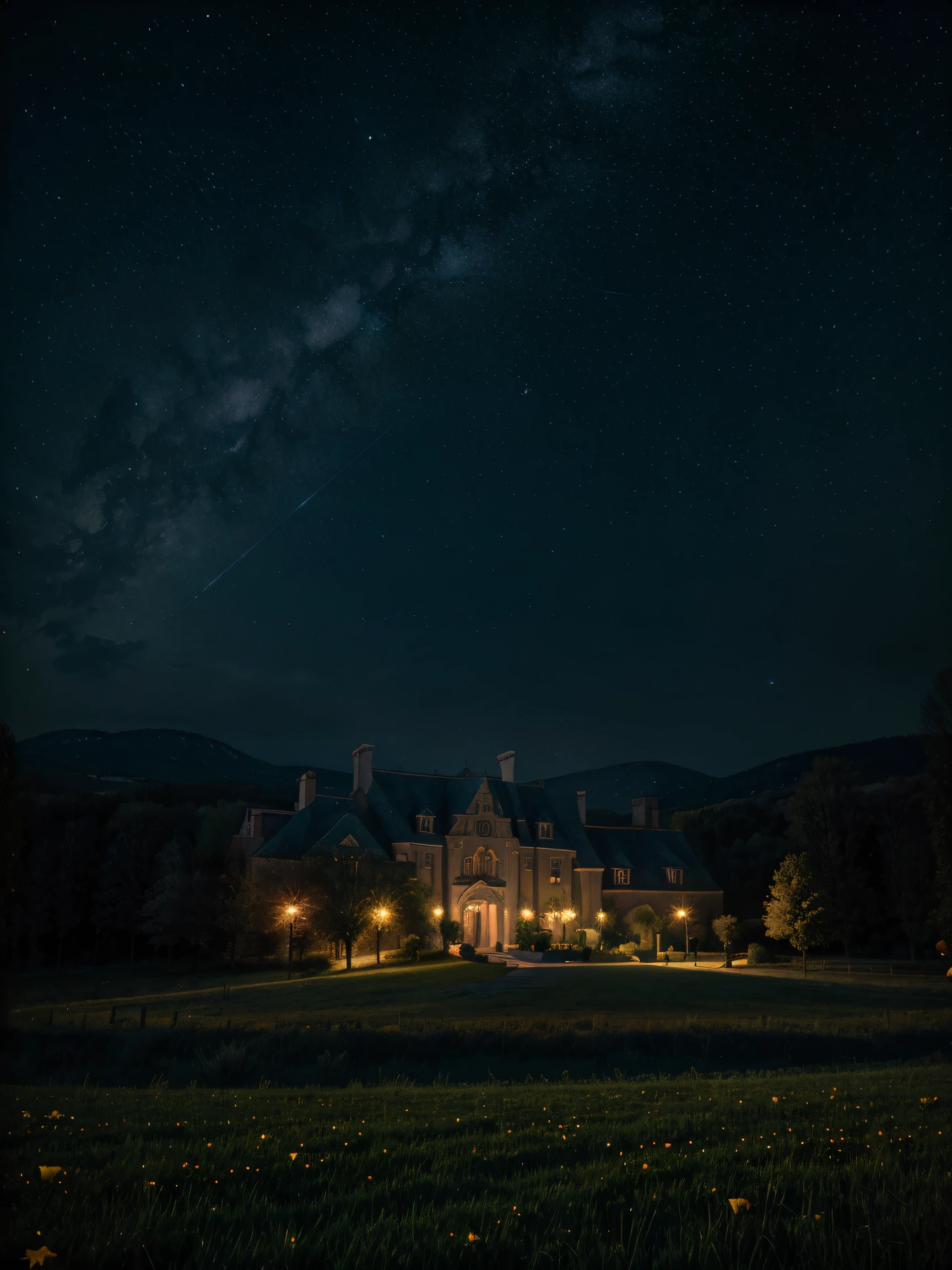 Starry night sky, nighttime scene, elegant and mysterious, misty atmosphere, background with a lively soirée, no characters, 3:4 aspect ratio, vibrant and bright colors, reminiscent of the Renaissance and Romanticism art styles, with a touch of Fauvism. The image should have UHD resolution and be of the best quality.