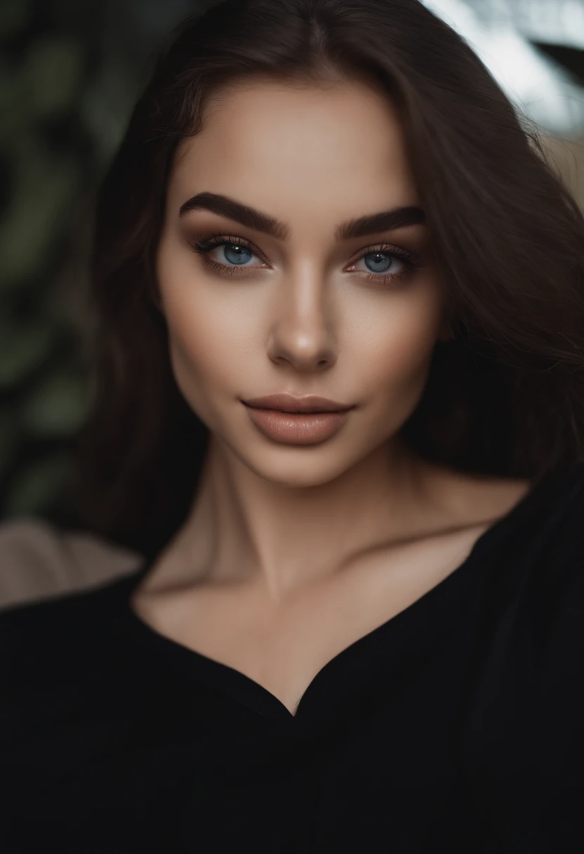 arafed woman with black clothes, sexy girl with brown eyes, portrait sophie mudd, brown hair and large eyes, selfie of a young woman, bedroom eyes, violet myers, without makeup, natural makeup, looking directly at the camera, face with artgram, subtle makeup, stunning full body shot, in bedroom, cleavage