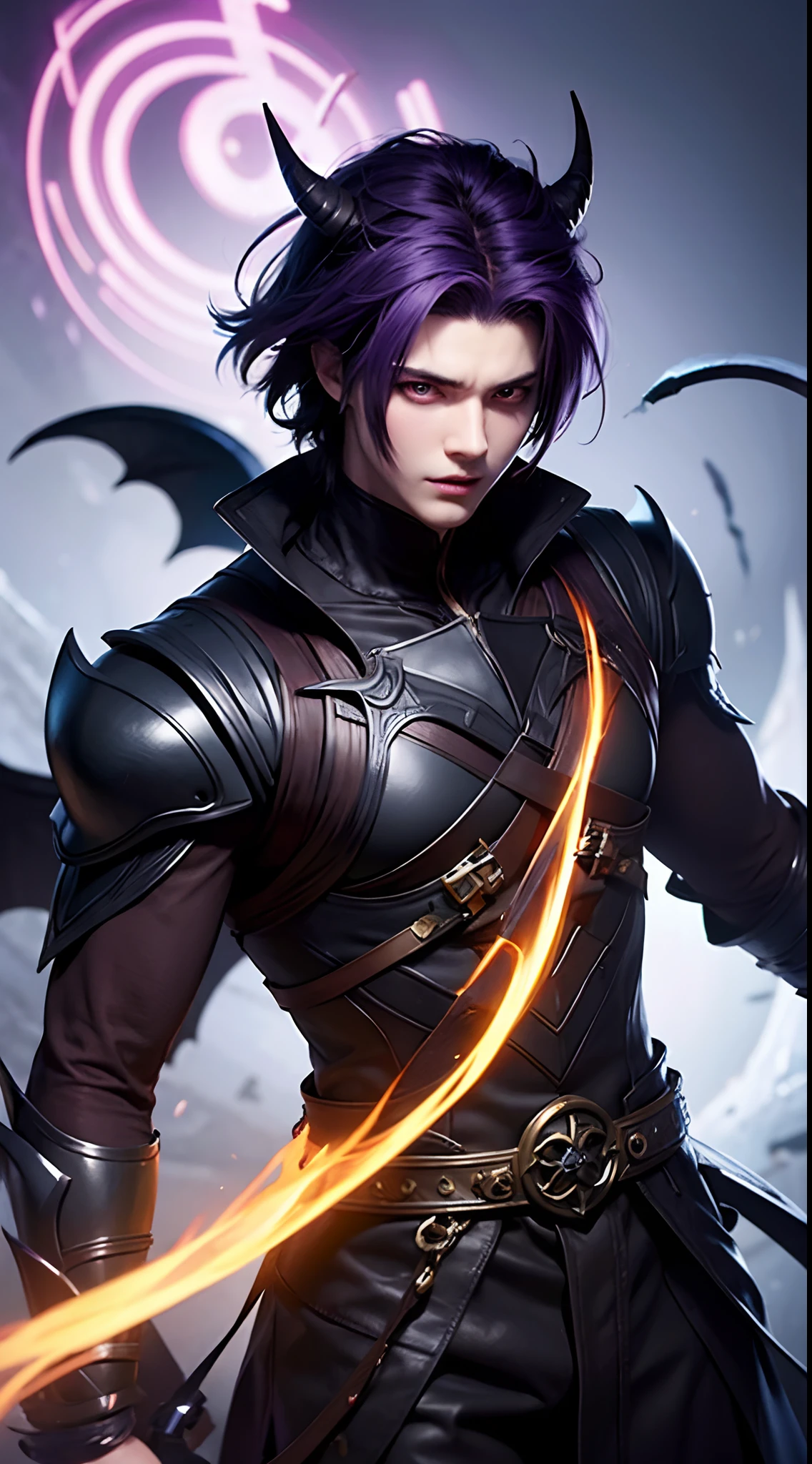 anime character with purple hair and glowing eyes in front of a dark background, handsome guy in demon slayer art, epic fantasy art style, badass anime 8 k, epic fantasy digital art style, detailed digital anime art, human male demon, portrait of hades, epic fantasy art style hd, fierce expression 4k, demon male, extremely detailed artgerm